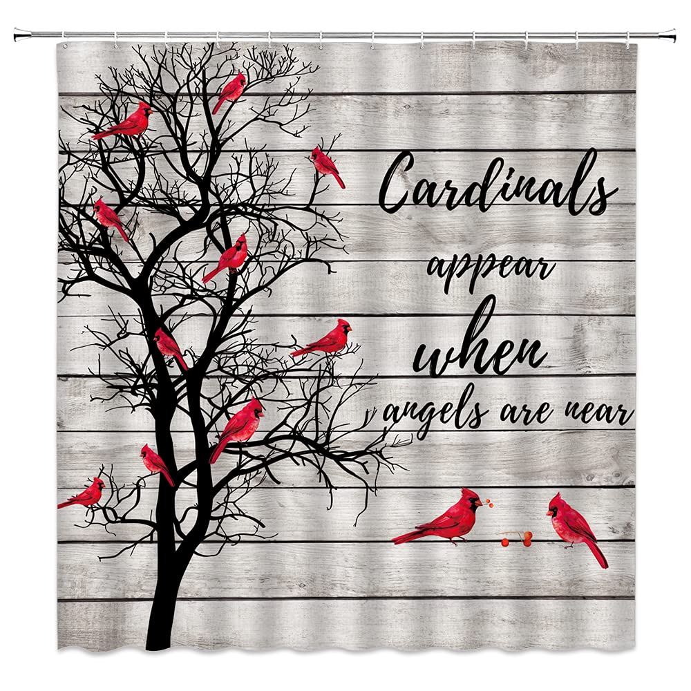 Christmas Shower Curtain Rustic Tree Red Birds Vintage Farmhouse Barn Door Wooden Winter Holiday Festival Fabric Bathroom Decor Curtain with Hooks