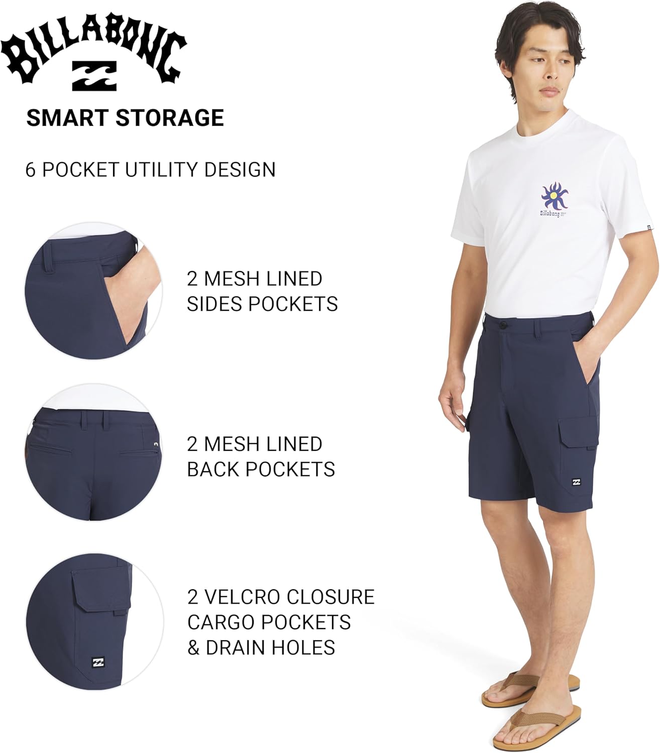 Billabong Mens Quick Dry Performance Fixed Waist 7 Inch Water Friendly Hybrid Cargo Shorts