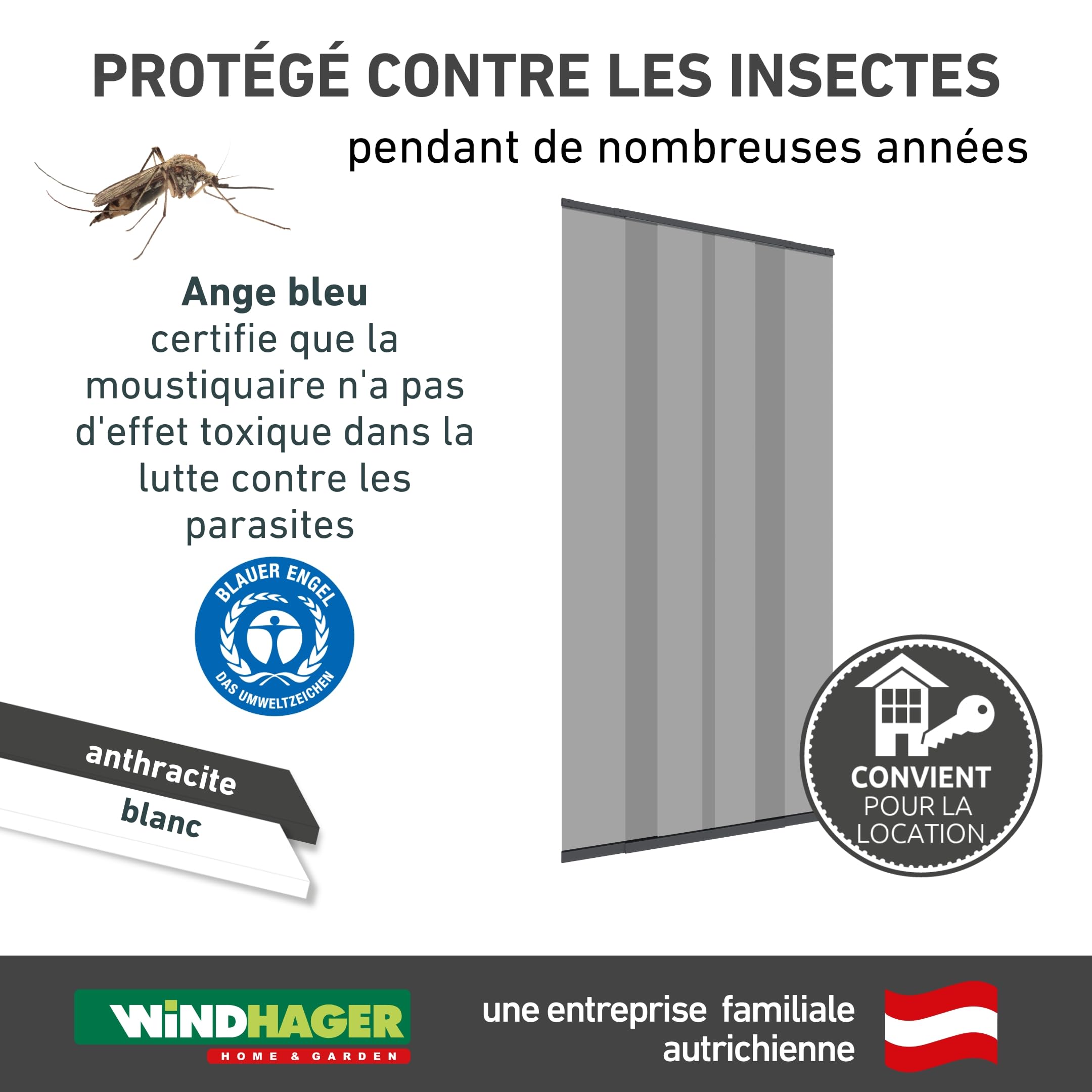 Windhager Moustiquaire porte télescopique 120 x 250 cm, rideau anti-insectes moustiques, installation facile sans perçage, passage libre pour porte balcon, anthracite, 04302