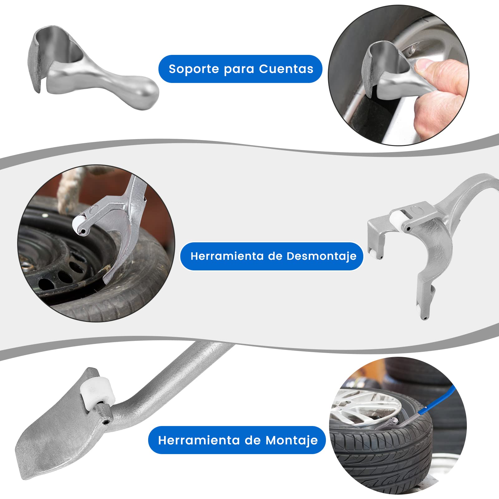 COSTWAY Herramienta para Montar y Desmontar Neumáticos, Cambiador de Neumáticos de 44 cm a 62 cm, Conjunto de 3 Herramientas Manuales para Cambiar Neumáticos con Retenedor de Cuentas (Plateado+Azul)
