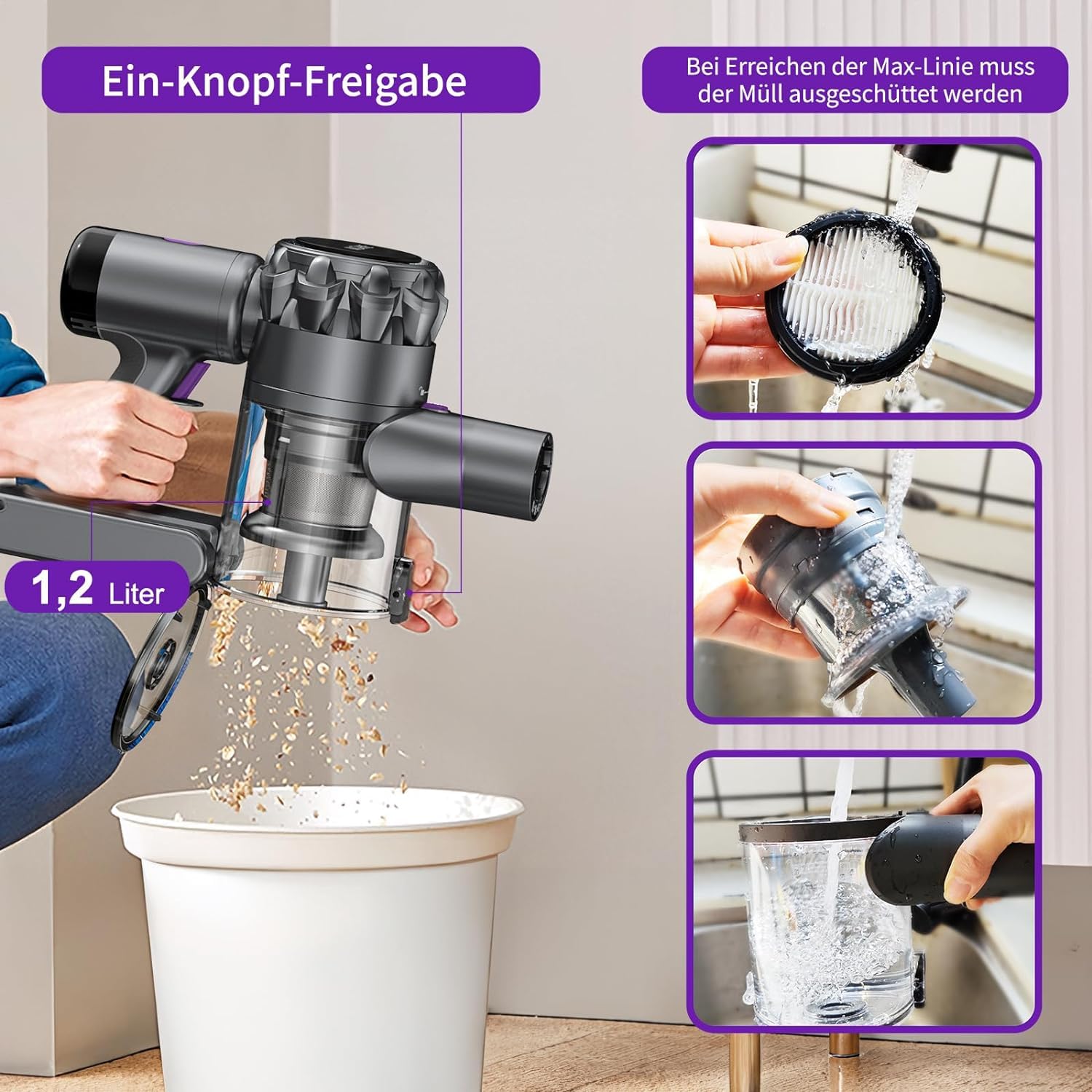 KOHE K10 Aspirapolvere Senza Fili Potente 500 Watt 33 Kpa, Scopa Elettrica Pieghevole, 3 Modalità di Potenza di Aspirazione Autonomia, Tubo Pieghevole, Viola