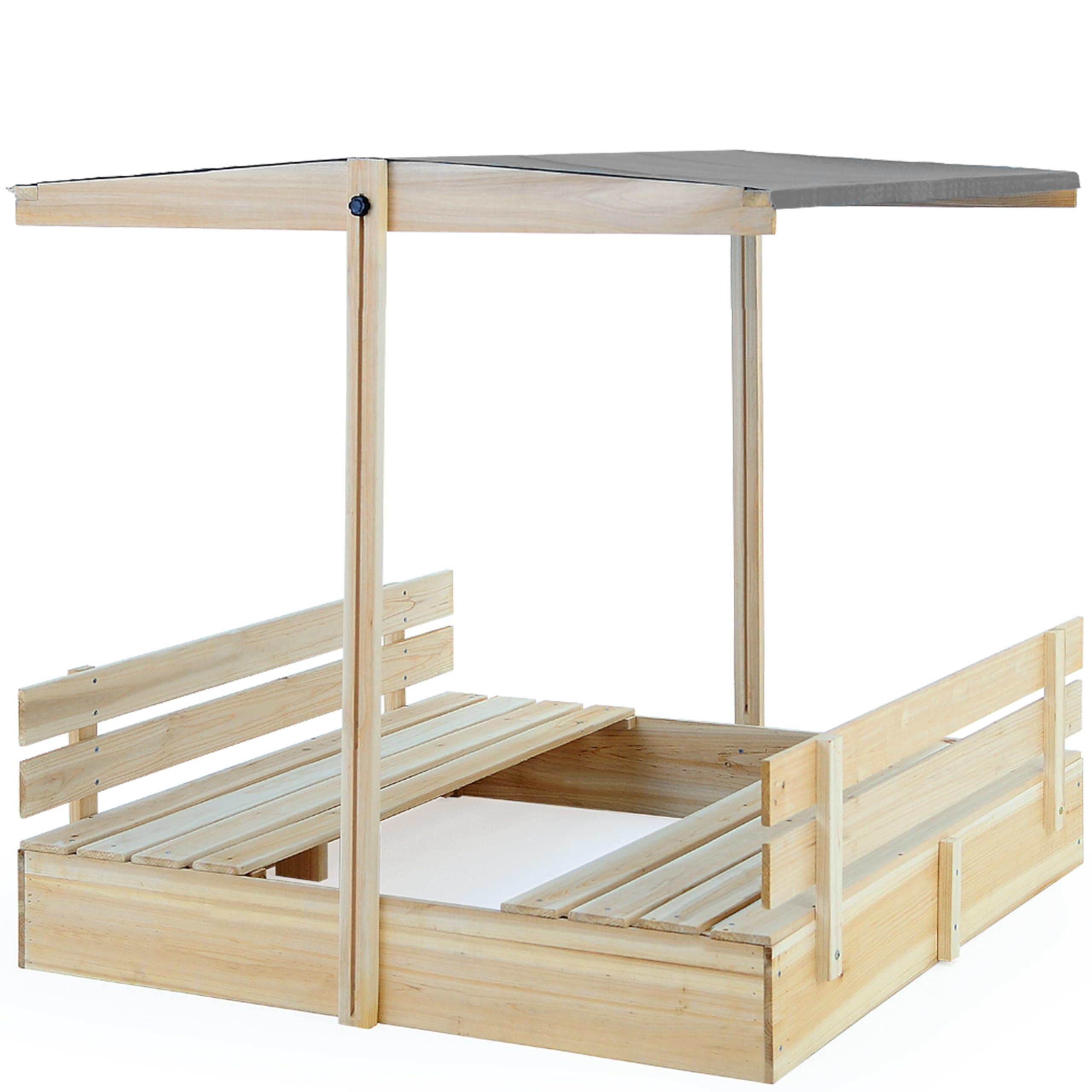 Spielwerk® Sandkasten Toni Sonnendach Sitzbank 120x120x120cm Naturholz Fichtenholz UV-Schutz Sandbox UV50+ Kantenschutz Bodenvlies Outdoor Kinder | Soft Play, ideal mit Kinetic Sand, Kleinkind-Gartenspielzeug, Holzspielhaus Sandkasten mit 2 Bänken & Boden
