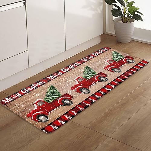 Miniatura 7 de Juego de 2 alfombras de cocina con camión rojo, árbol de Navidad rojo sobre tablero de madera retro, antideslizante, cómodo, tapete de pie para