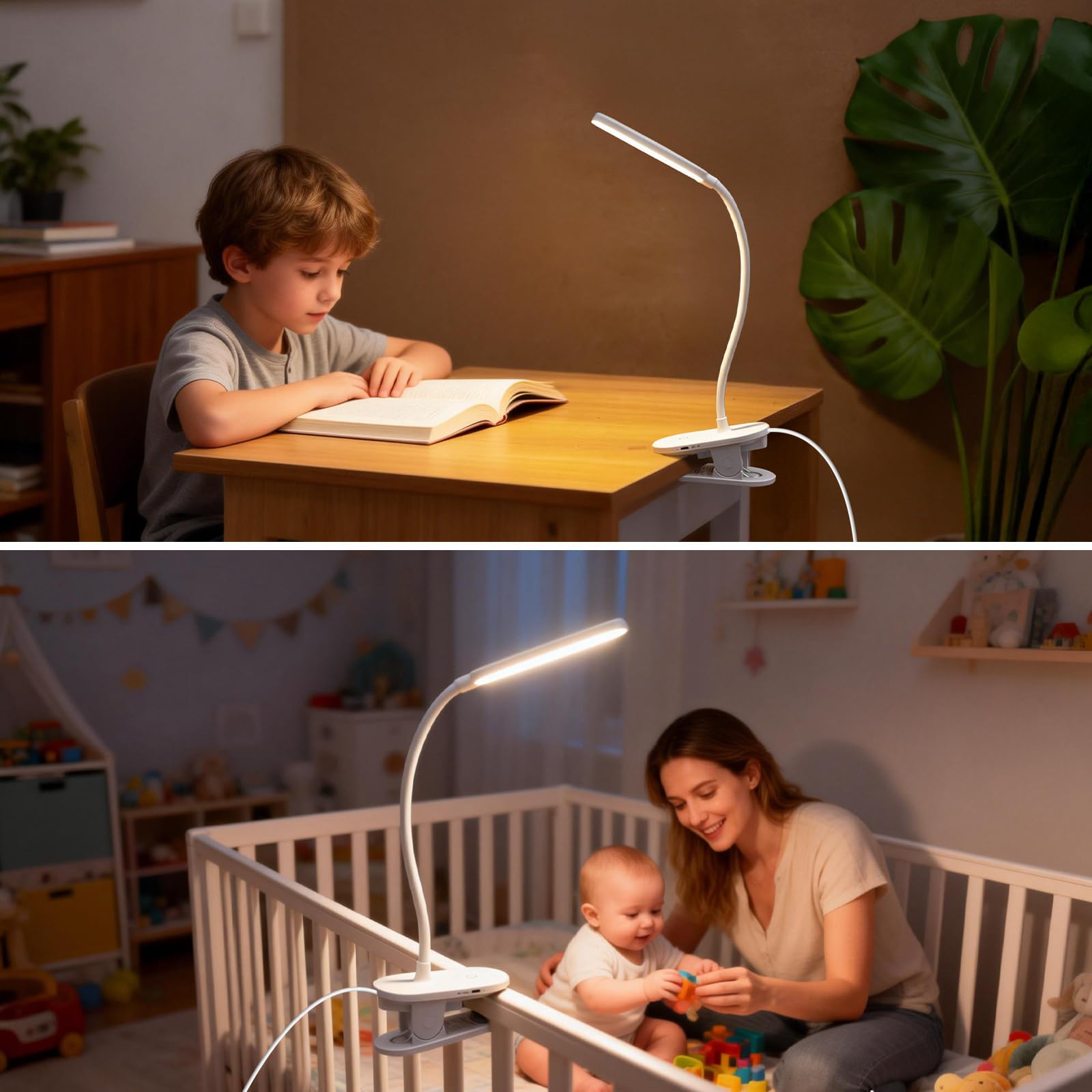 Aigostar Lampa do Czytania z Klipsem - Lampka Nocna LED Zasilana USB (Bez Baterii), 3 Poziomy Jasności, Elastyczne Ramię 360°, Ochrona Oczu 4000K, Idealna do Łóżka i Biurka, Biały
