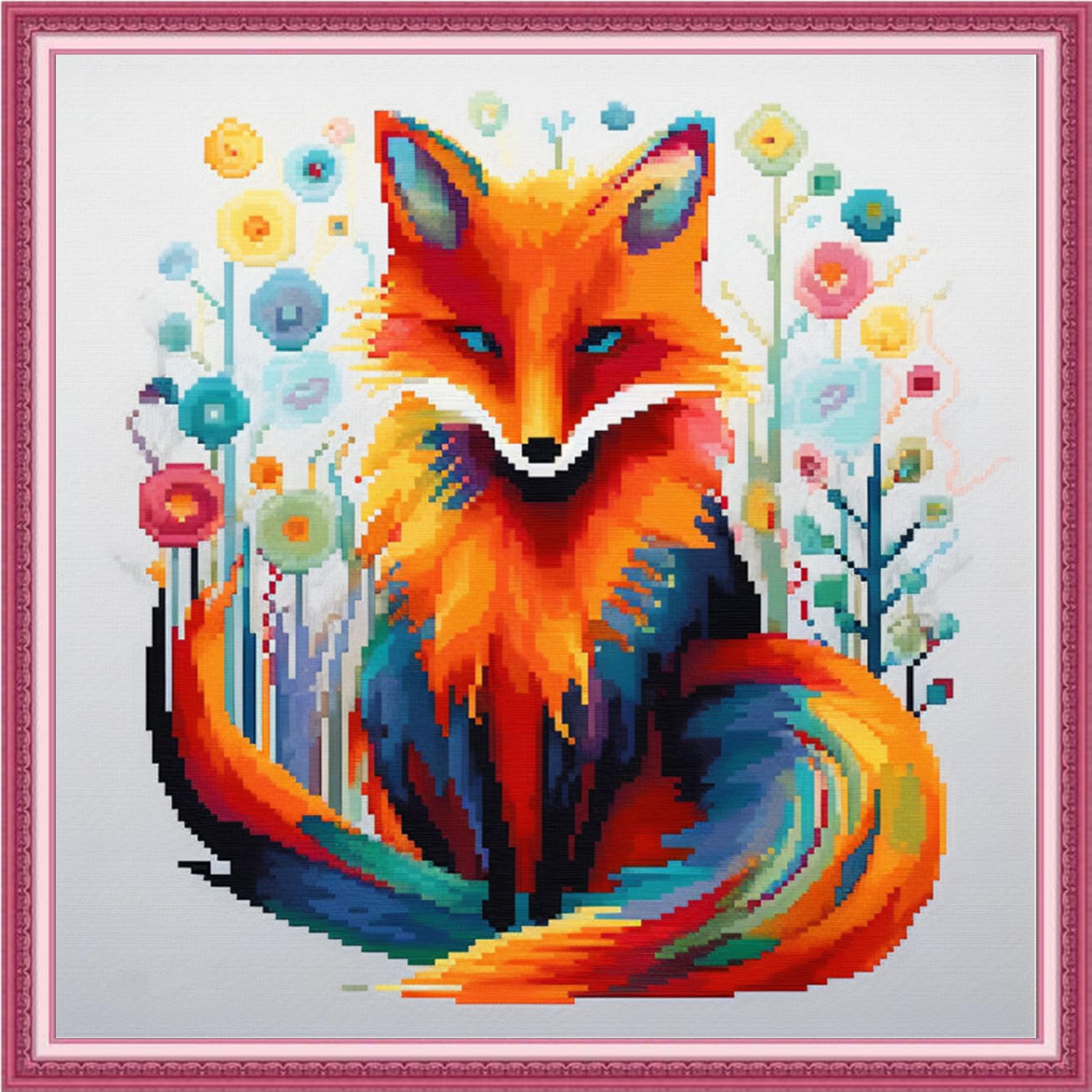 Joyhoor Cross Stitch Kits for Beginners Stamped Cross-Stitch Supplies Needlework preprint Embroidery Kits for Adults DIY Needlepoint Kits Embroidery Patterns 11CT-Colorful Fox 18.x18 inch