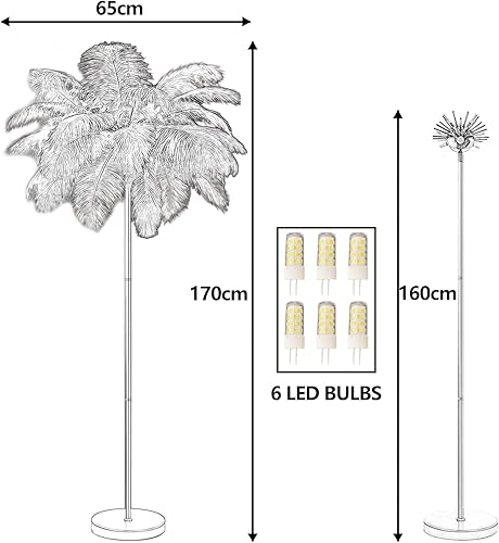 Miniatura 5 de Lámpara de pie de avestruz natural moderna para sala de estar, lámpara de pie LED con interruptor de pie, acabado dorado, elegante pantalla de