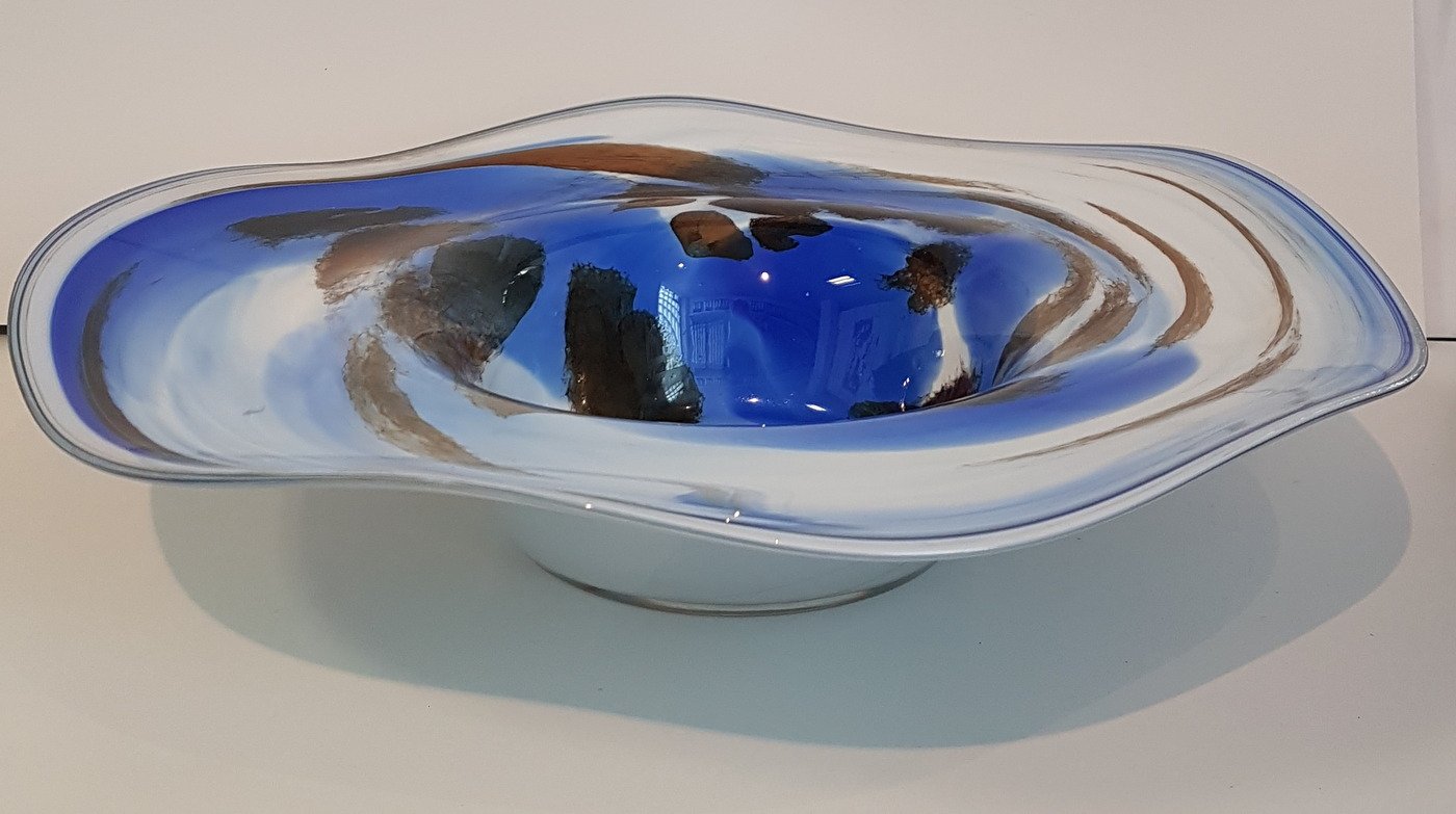 Dekoschale übergroße Blaue Glasschale Kerzenschale mundgeblasen Durchmesser 40 cm Höhe 8 cm