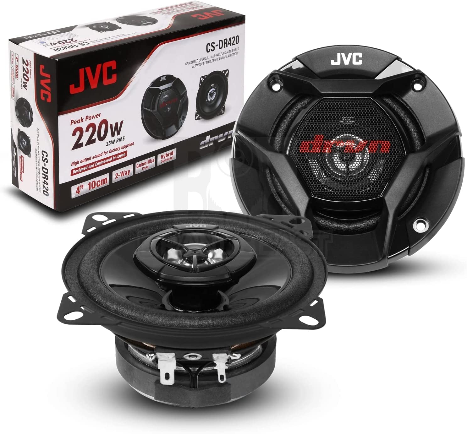 JVC CS-DR420 Altoparlante per Auto Mono, Potenza 220W, risposta in frequenza 114-23.000 Hz, cono in fibra di carbonio per un suono nitido, profondità di 45,5 mm, Nero