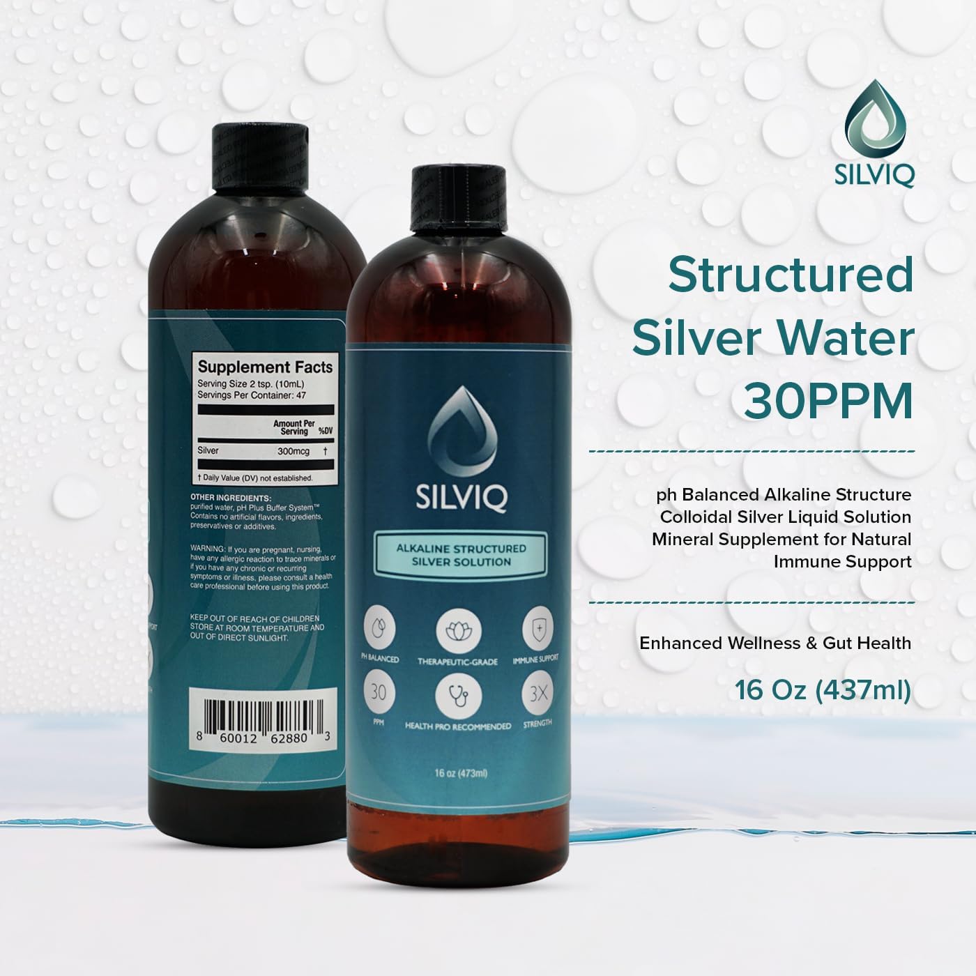 Structured Silver Water 30PPM - ph Balanced Alkaline Structure Silver Liquid Solution Mineral Supplement for Natural Immune Support - Enhanced Wellness & Gut Health - 16 Oz (437ml)