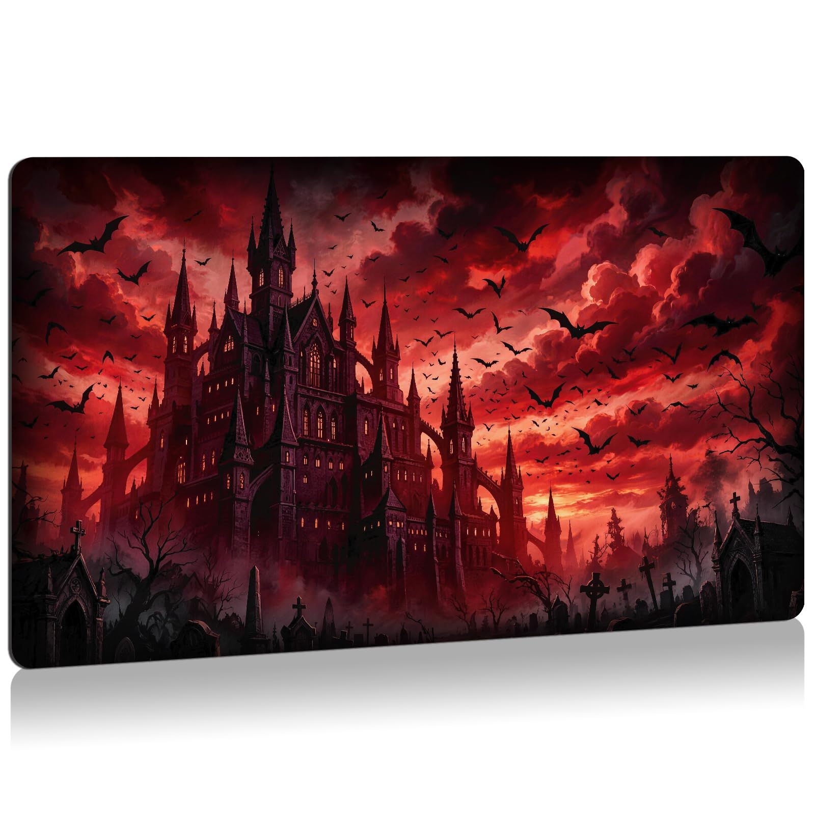 GLOBLELAND Gothic Castle Game Play Mat 24x14 inch Red Non-Slip Rubber Card Game Mat TCG Playmats for Trading Card Game Keyboard and Mouse