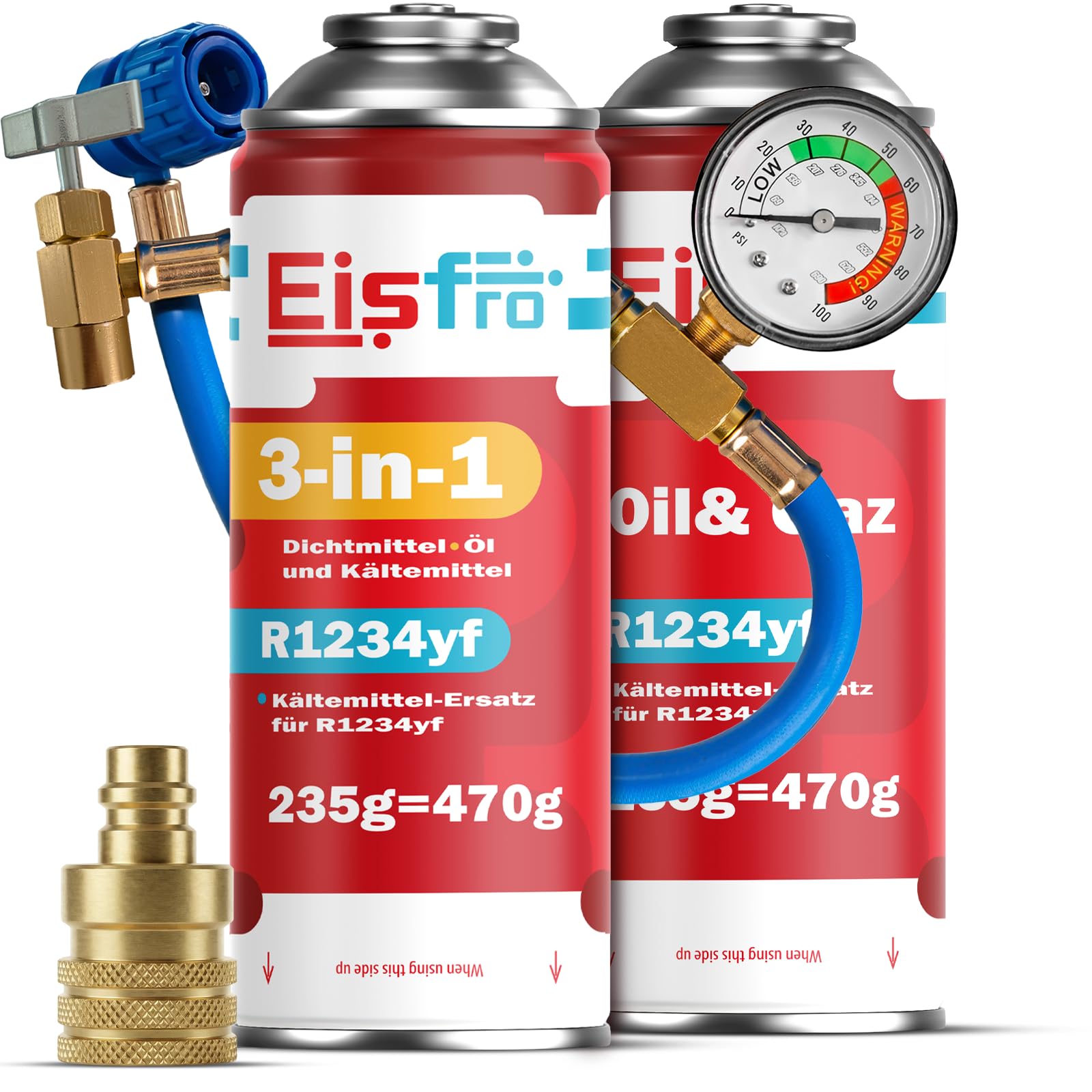 Kit de Recarga de Aire Acondicionado sustituto R1234yf con Gas sustituto R1234yf 3 en 1 – 2 x 235 g con Manguera, manómetro y Adaptador AZ – Aire Acondicionado para automóviles – Eco
