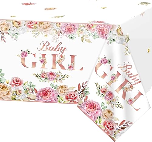 Paquete de 1 mantel para baby shower, funda de mesa rosa para bebé, decoración de fiesta de 54 x 108 pulgadas, mantel rectangular floral desechable