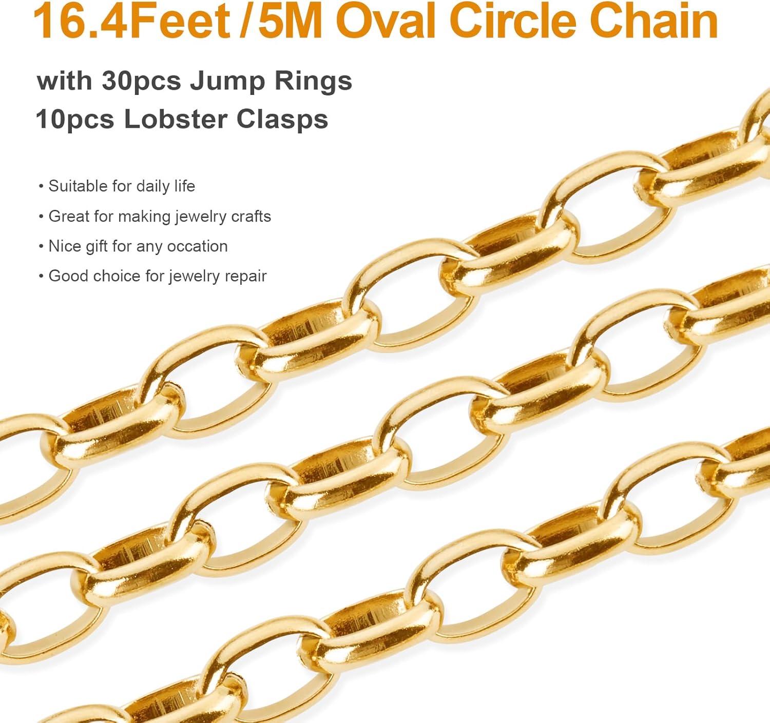 Kyutong 5 Meters Gold Plated Jewelry Making Chains on Spool Stainless Steel Chains Bulk Circle Rolo Chain with Jewelry Clasps Finding Jewelry Making Supplies - Image 4