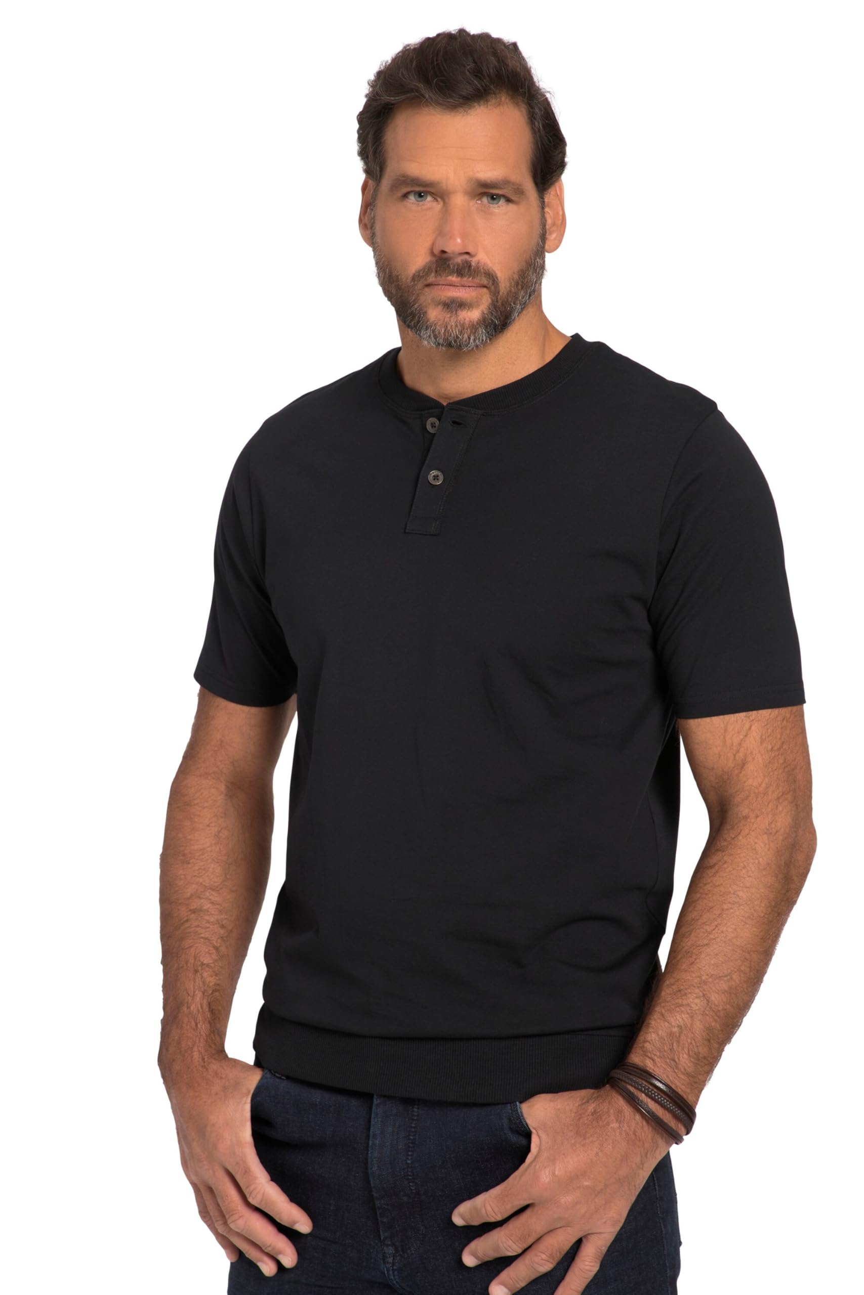 JP 1880 Men's Large Sizes Plus Sizes Menswear L-8XL Henley, Belly Fit, Half Sleeve, Crew Neck, 818628, Black, XXXX-Large