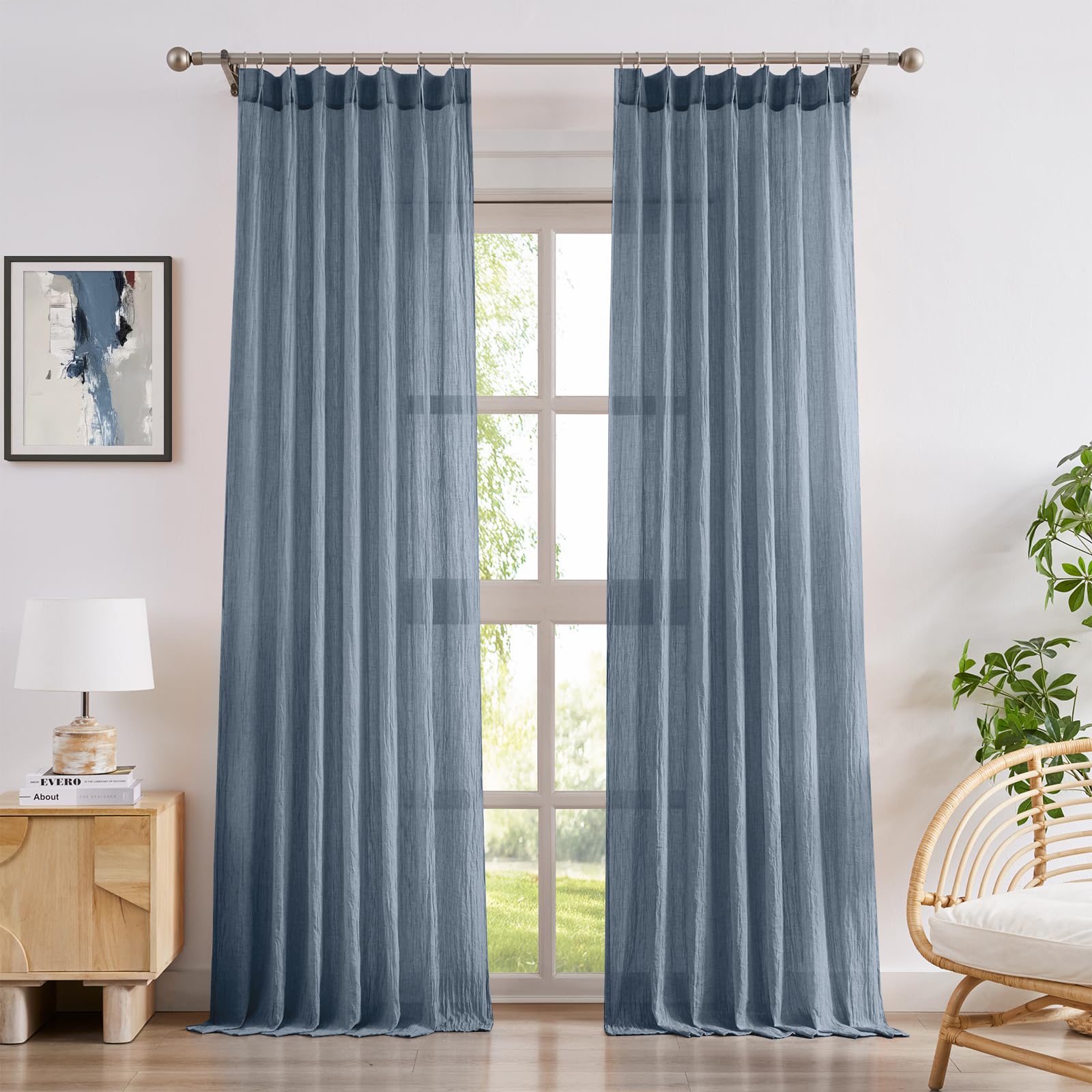 Melodieux Cortinas traslúcidas de algodón texturizadas para Cocina, pestañas traseras y pellizco, Cortinas Plisadas con Ganchos, Cortinas filtrantes de luz con diseño de Arrugas, 2 Paneles, 40 x 63
