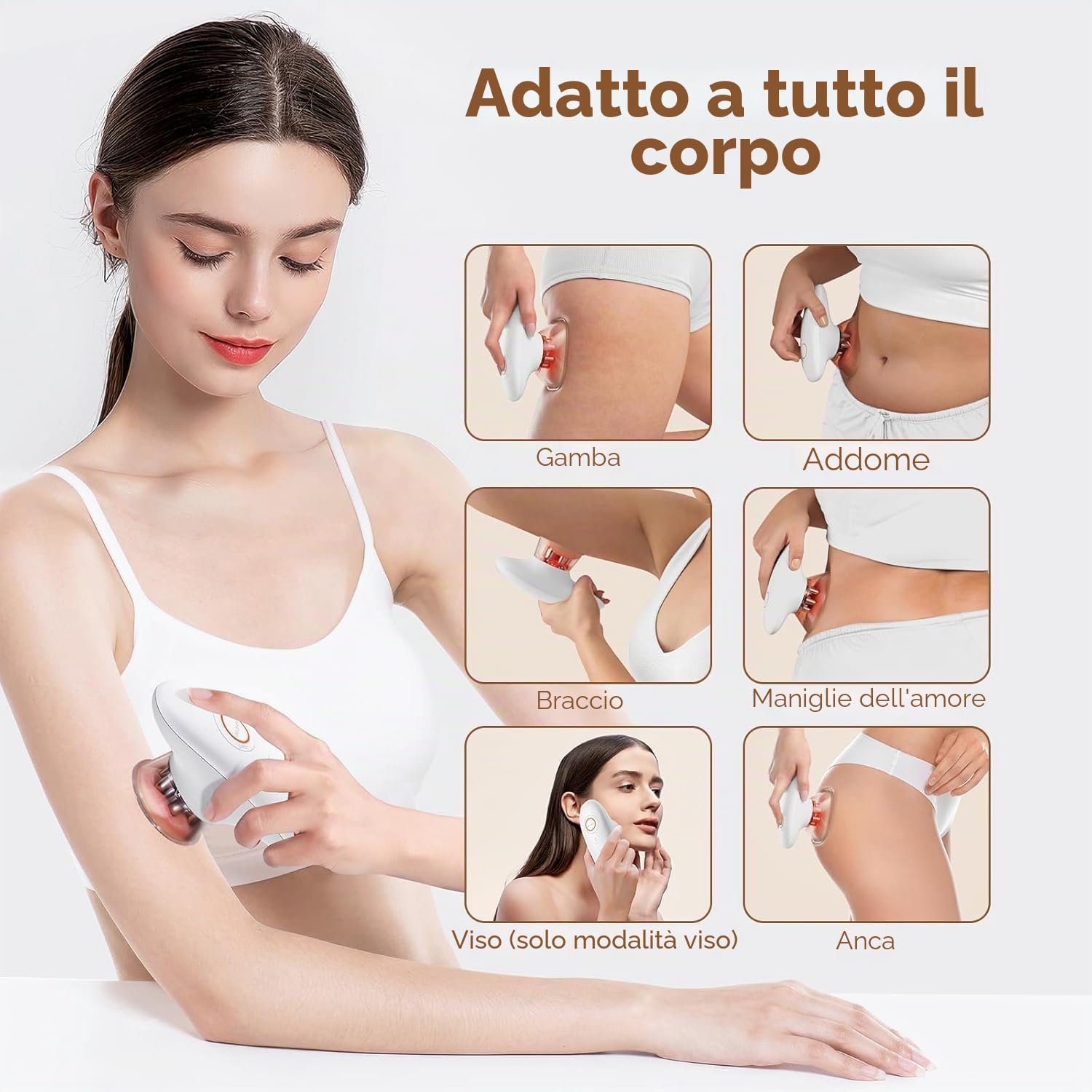 Massaggiatore Anticellulite Elettrico Professionale, con Massaggio a Ventosa, EMS e Luce Rossa, 3 Livelli Regolabili, 2 Coppette, per Corpo e Viso, Effetto Lifting, Rassodante e Circolazione, Bianco