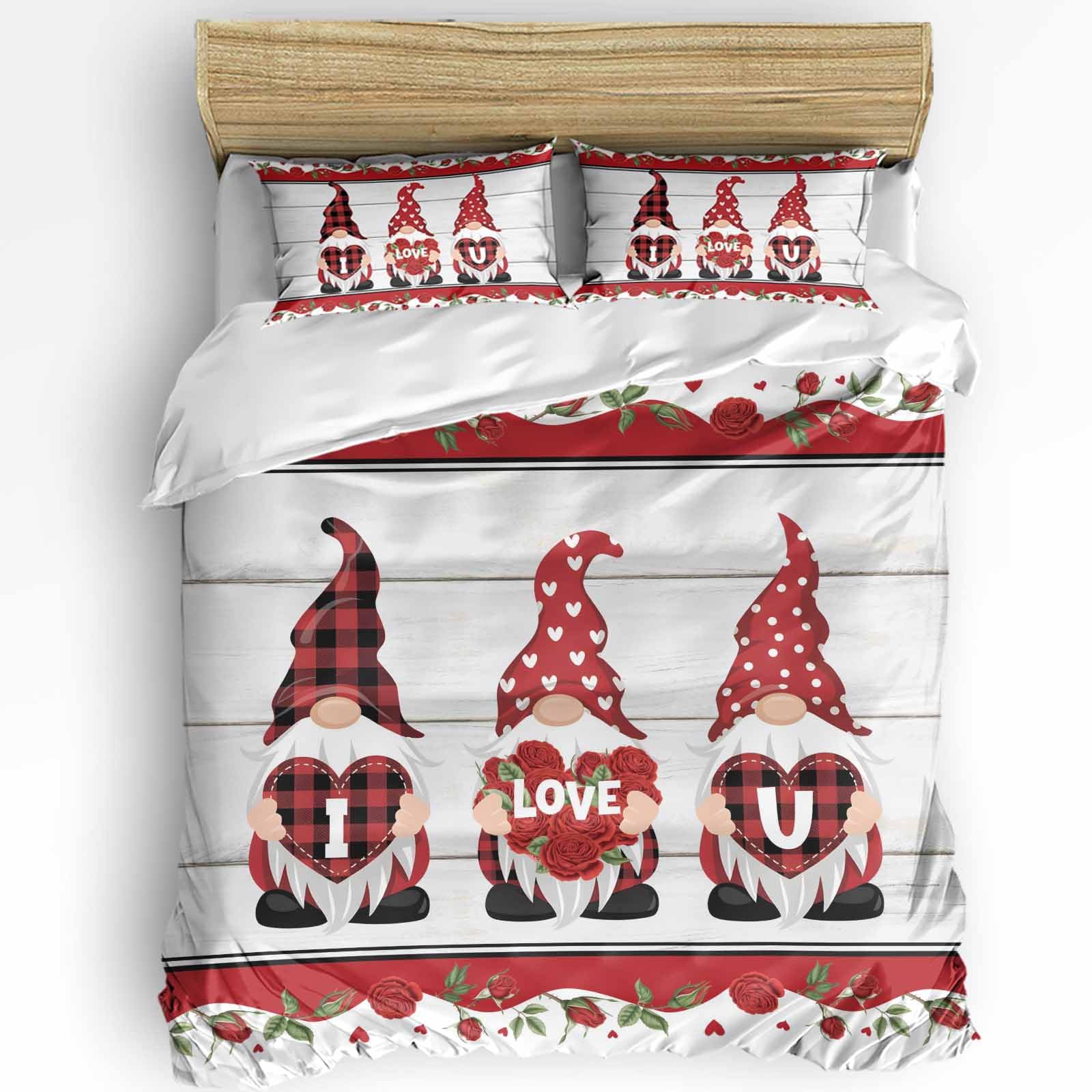3 Piece Bedding Set Love Dwarf Valentines Day Red Rose Flower Breathable Duvet Cover Super Soft Pillow Shams