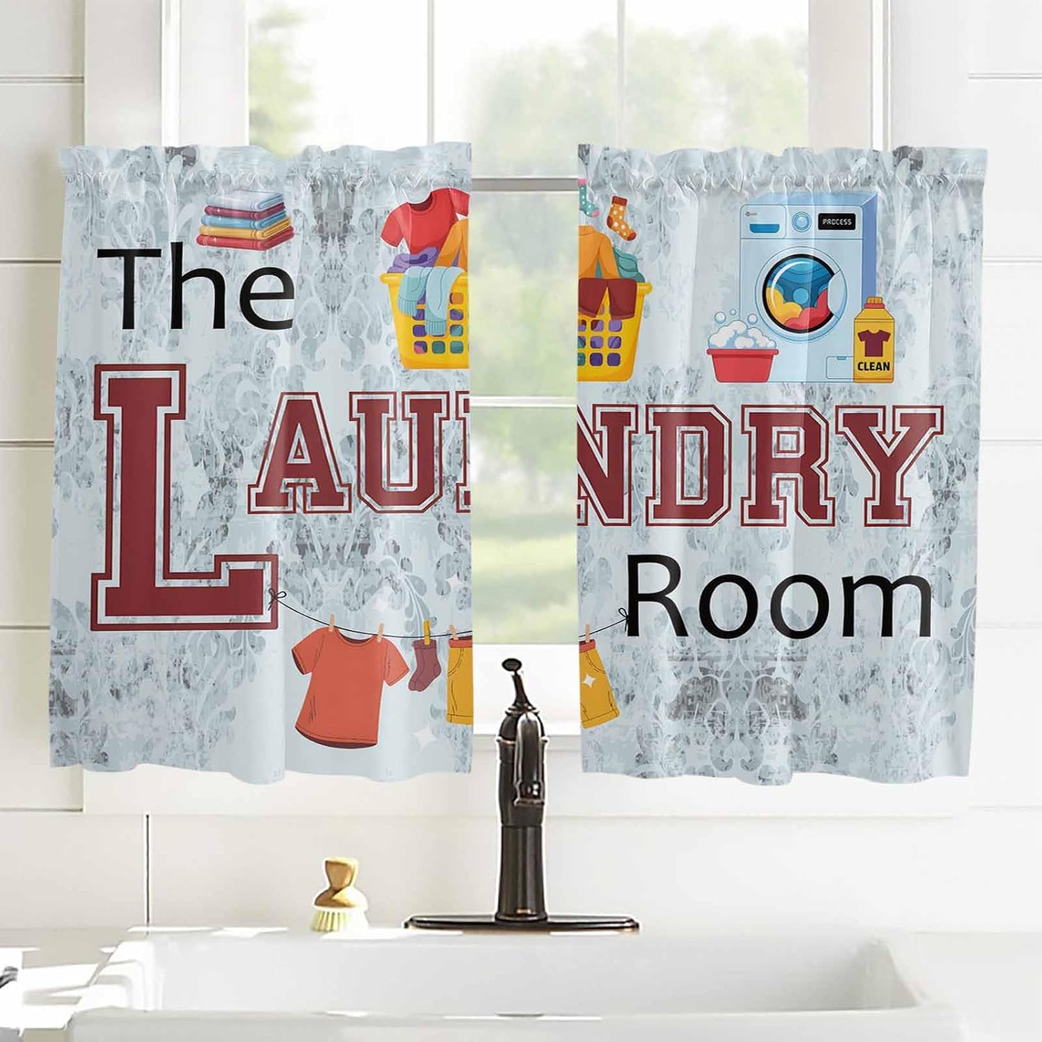 Laundry Room Kitchen Curtain 54 Inch Length, Rustic Blue Fold Small Short Cafe Tiers Curtains Drape, 2 Panel Window Treatment Rod Pocket Drapery Panels Curtains for Laundry Room/Kitchen Windows, 84x54