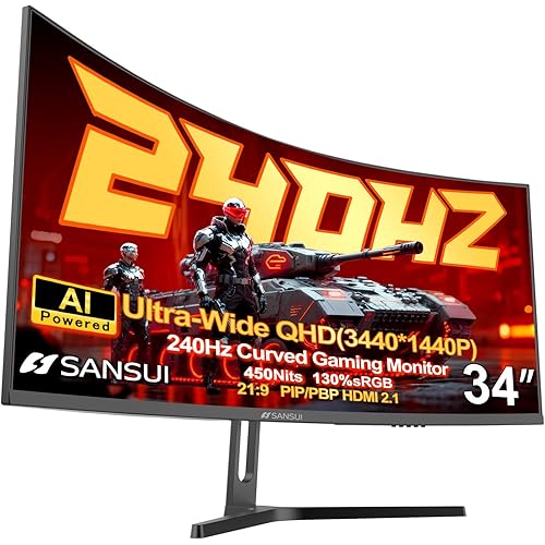 SANSUI 34 Inch 240Hz Ultrawide Curved Gaming Monitor UWQHD 3440×1440, 21:9 2K Curved Monitor 1500R,HDR400,Fast VA, PIP/PBP,AI Crosshair,AIPQ(Visual Enhance),MPRT 1ms,HDMI2.1*2,DP1.4*2(DP Cable Incl.)