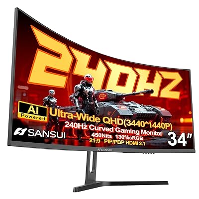 SANSUI 34 Inch 240Hz Curved Ultrawide UWQHD 3440x1440 Gaming Monitor, 21:9 2K Curved Monitor 1500R,Fast VA, PIP/PBP,AI Crosshair,AIPQ(Visual Enhance),MPRT 1ms,HDR,HDMI2.1 * 2,DP1.4 * 2(DP Cable Incl.)