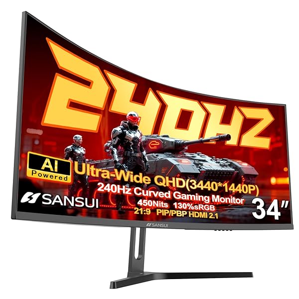 SANSUI 34 Inch 240Hz Curved Ultrawide UWQHD 3440x1440 Gaming Monitor, 21:9 2K Curved Monitor 1500R,Fast VA, PIP/PBP,AI Crosshair,AIPQ(Visual Enhance),MPRT 1ms,HDR,HDMI2.1 * 2,DP1.4 * 2(DP Cable Incl.)