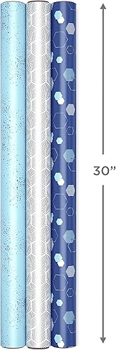 Miniatura 3 de Hallmark Juego de papel de regalo azul y plateado (3 rollos 90 pies cuadrados Ttl, 10 lazos, cinta, etiquetas adhesivas de regalo) para cumpleaños,