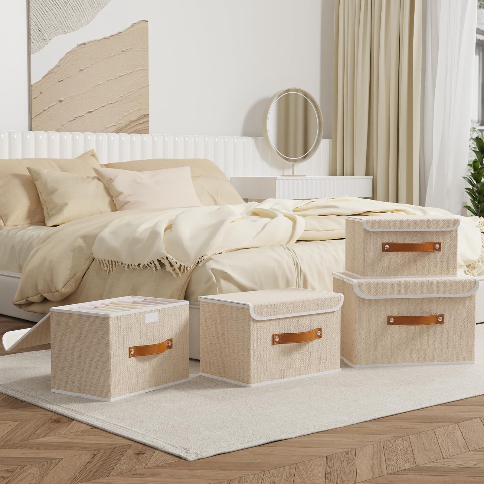 OUTBROS 3 Set Scatole Portaoggetti, 38x25x25cm Cubi Scaffale Cesto, Beige | Contenitori per Armadio tessuto con Coperchio, Cassettiera pieghevole adatta con Manici per Indumenti