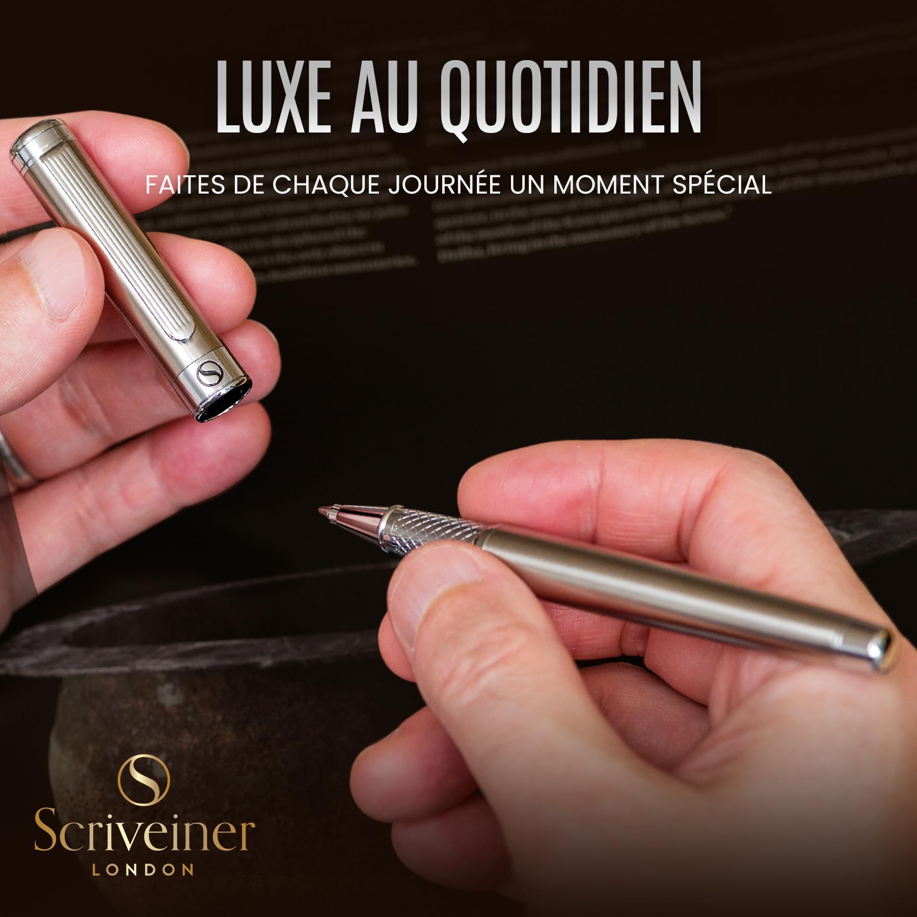Scriveiner Stylo Roller en Acier Inoxydable - Superbe stylo de luxe en métal avec finition chromée argentée, recharge d'encre Schmidt, meilleur coffret cadeau pour homme et femme