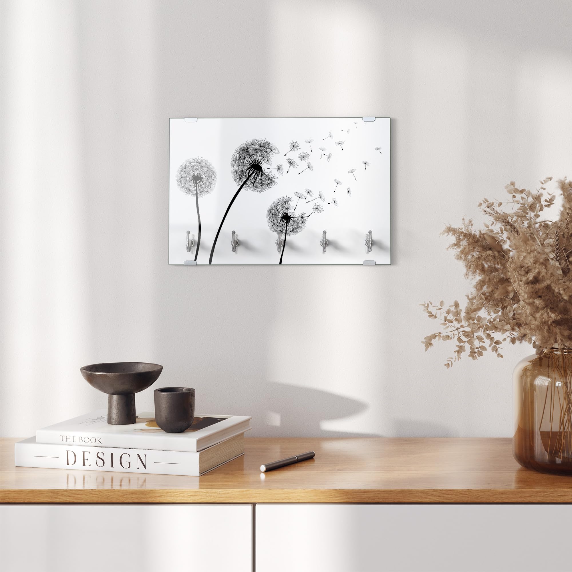 DEQORI Tablica na klucze ze szkła | motyw czarnych dmuchawców | ok. 30 x 20 cm | z 5 haczykami, magnetyczna – nowoczesne przechowywanie kluczy i uchwyt na klucze do korytarza, biura, kluczy i breloków