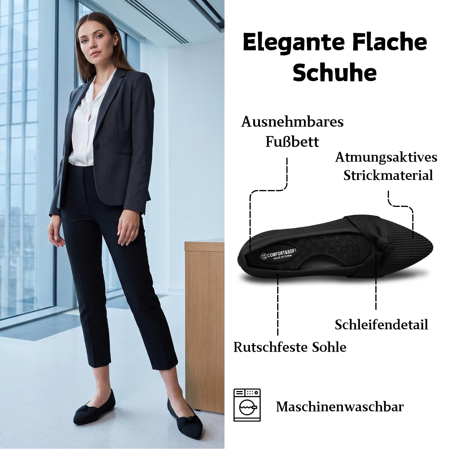 CALEBGAR Damskie baleriny spiczaste, płaskie buty z dzianiny z kokardką, eleganckie i wygodne wsuwane klapki wsuwane do noszenia w czasie wolnym i do biura