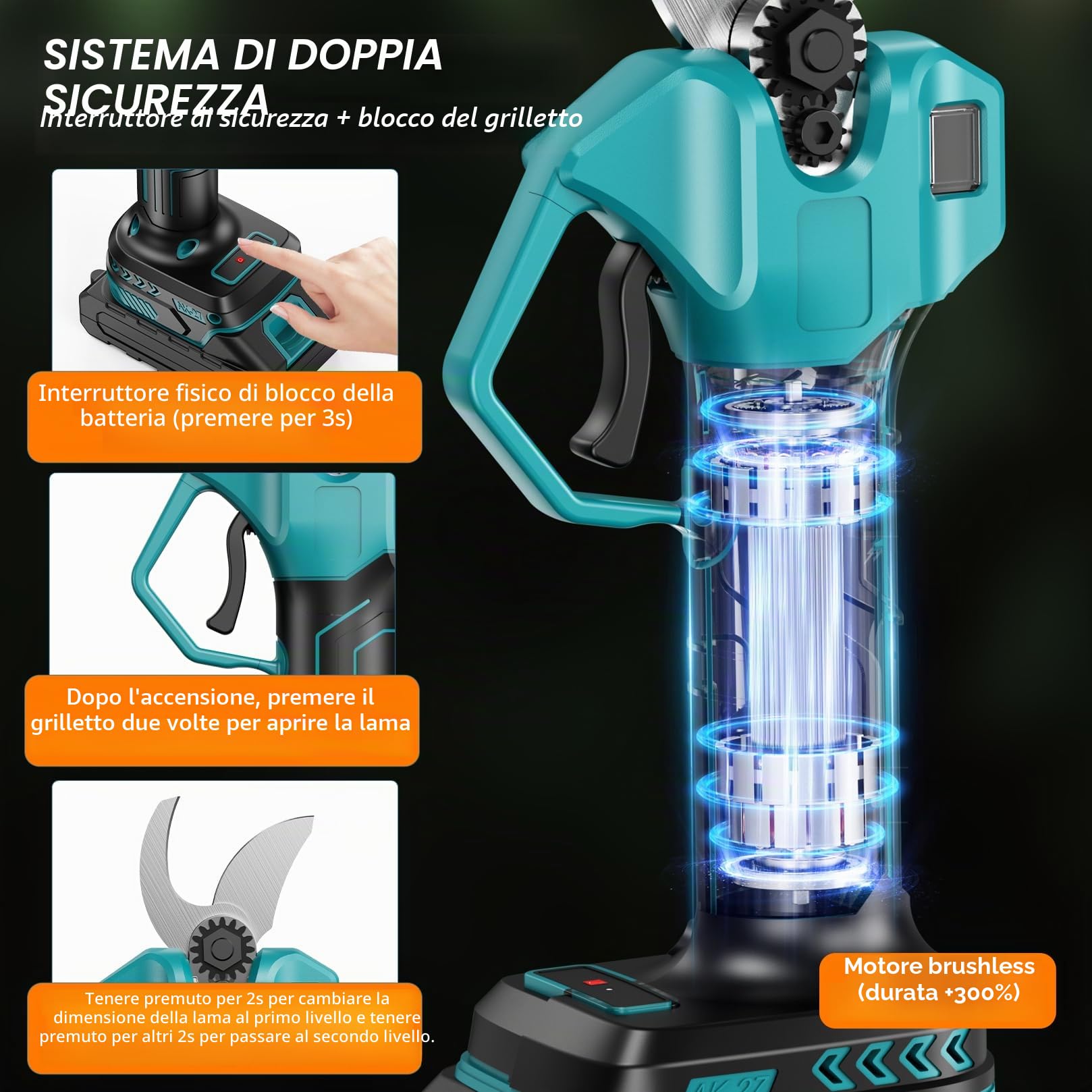 Forbici Potatura a Batteria - Cesoie a Batteria per Potatura con Lama in Acciaio SK5, Motore Brushless, Display LCD, Ideale per Frutteti, Vigneti, Giardinaggio e Paesaggistica