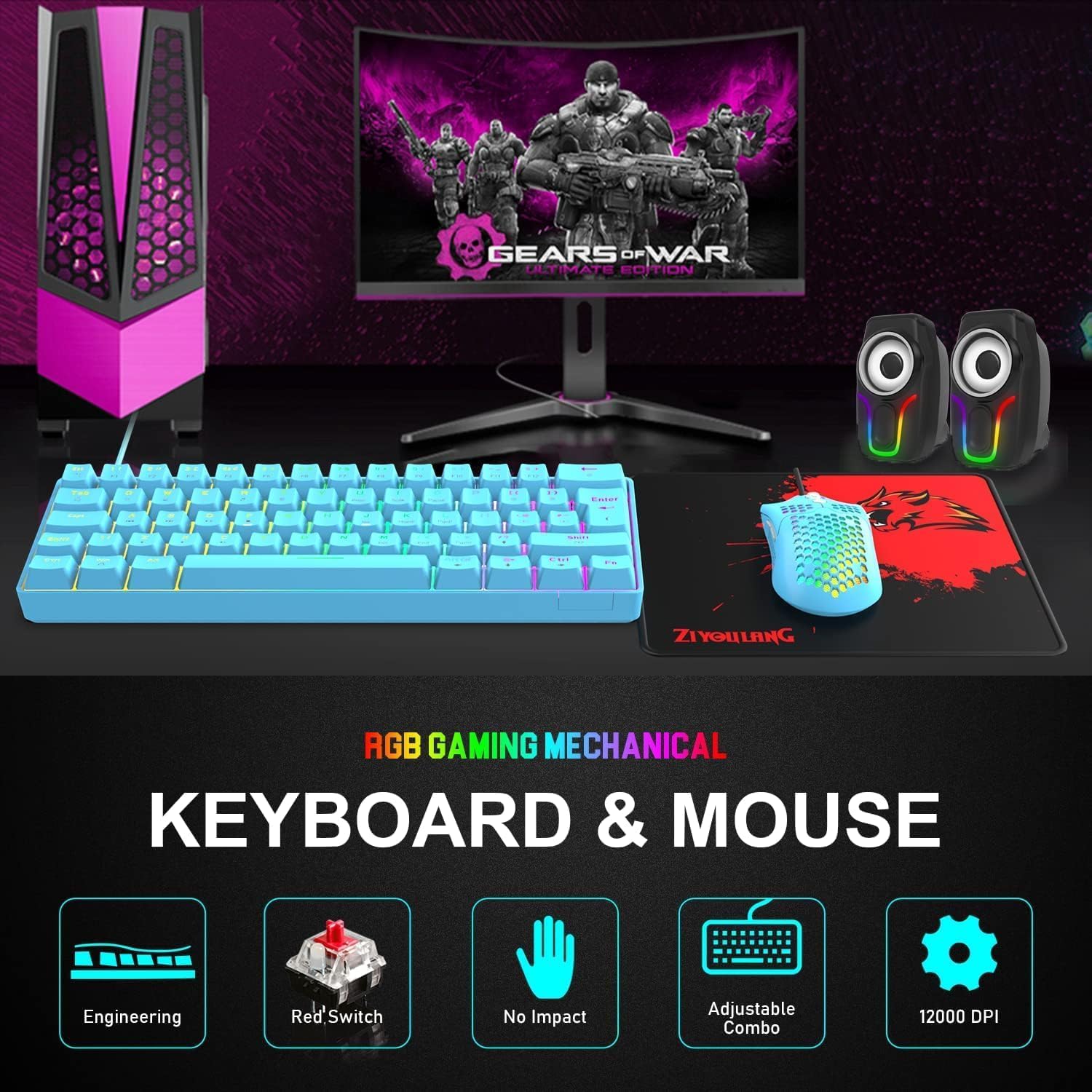 ZIYOU LANG T60 Clavier Et Souris De Jeu Mécaniques 60% [Disposition Britannique] – Mini Clavier Ergonomique Lumineux RVB De Type C – 12 000 DPI, Souris USB en Nid d'abeille– Interrupteur Bleu + Rouge