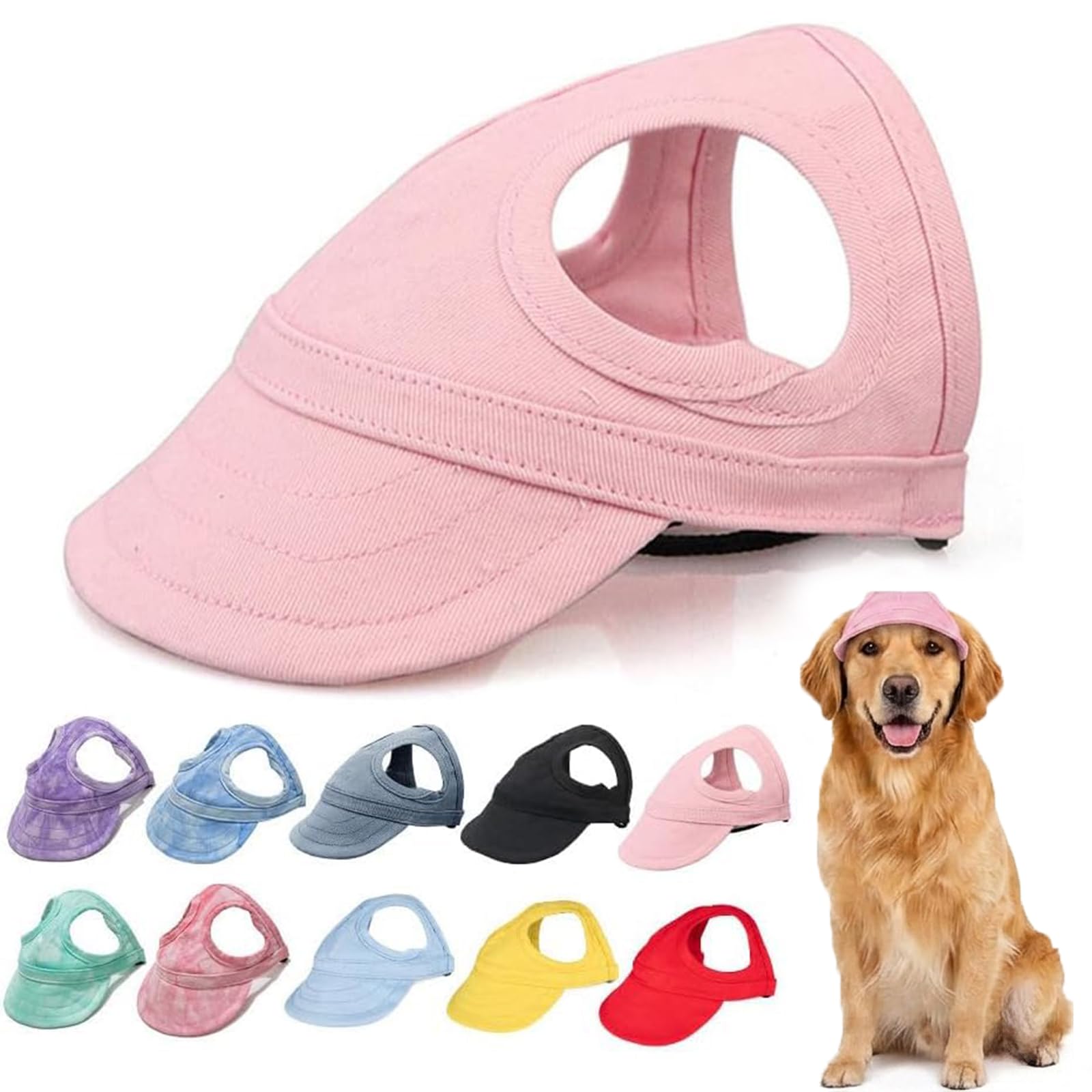Dog Baseball Cap for Small Medium Dogs, Breathable Canvas Pet Sun Hat with Ear Holes, Adjustable & Anti-Slip Outdoor Visor (Pink,Medium)