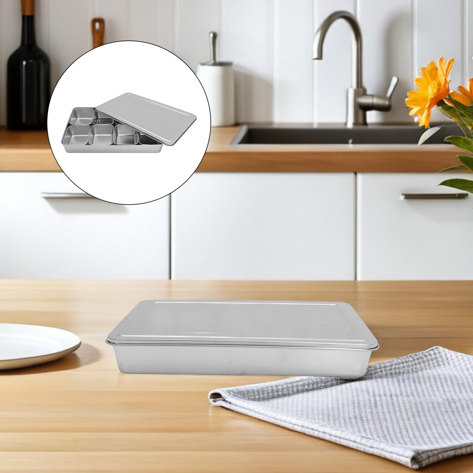 PRETYZOOM Organizador de Condimentos de Acero Inoxidable 8 Compartimentos Extraíbles y Tapa, Caja para Almacenamiento de Especias en Encimera de Cocina Moderna y Elegante