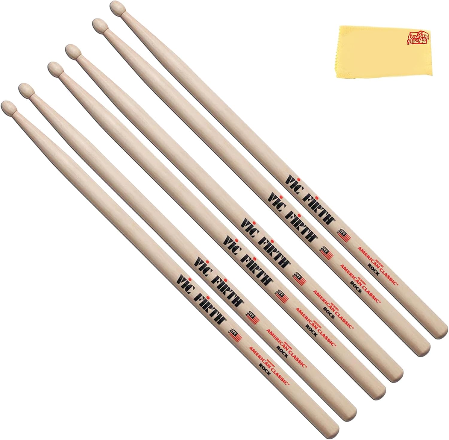 Vic Firth American Classic Rock Drumsticks - 3-Pack Bundle with Austin Bazaar Polishing Cloth