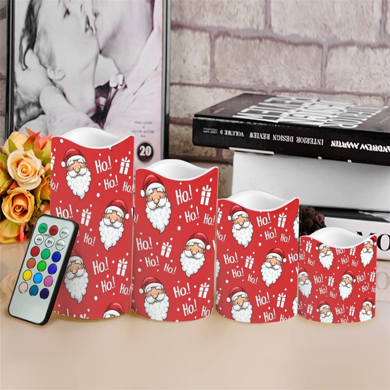 DISNIMO Velas LED parpadeantes sin llama de Papá Noel, funciona con pilas, juego de 4 velas de pilar de cera real (D: 3 pulgadas x alto: 2.9 pulgadas, 3.9 pulgadas, 4.9 pulgadas, 5.7 pulgadas) velas
