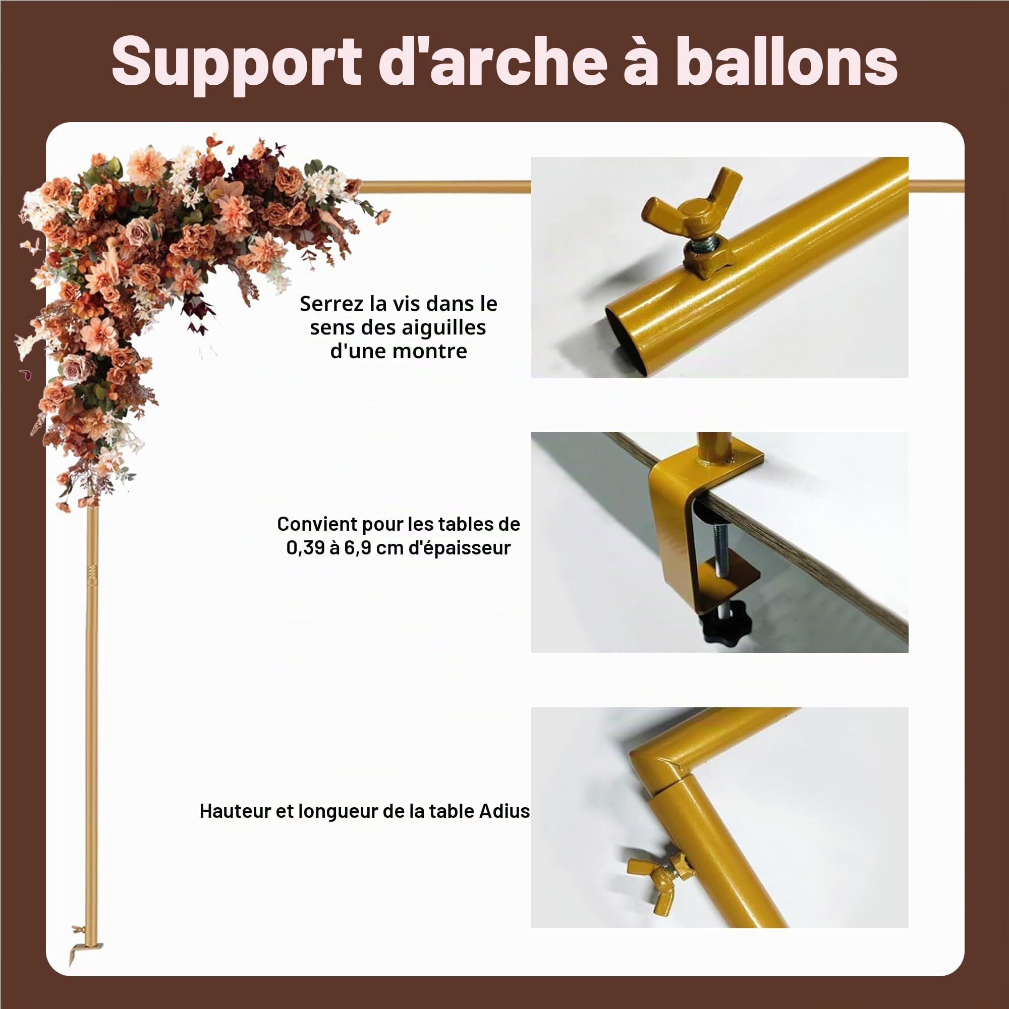 Support de tige de table, support d'arche de ballons, support d'arche de Noël, support de toile de fond pour décoration de table de mariage, festivals, fête d'anniversaire, décoration de spectacles