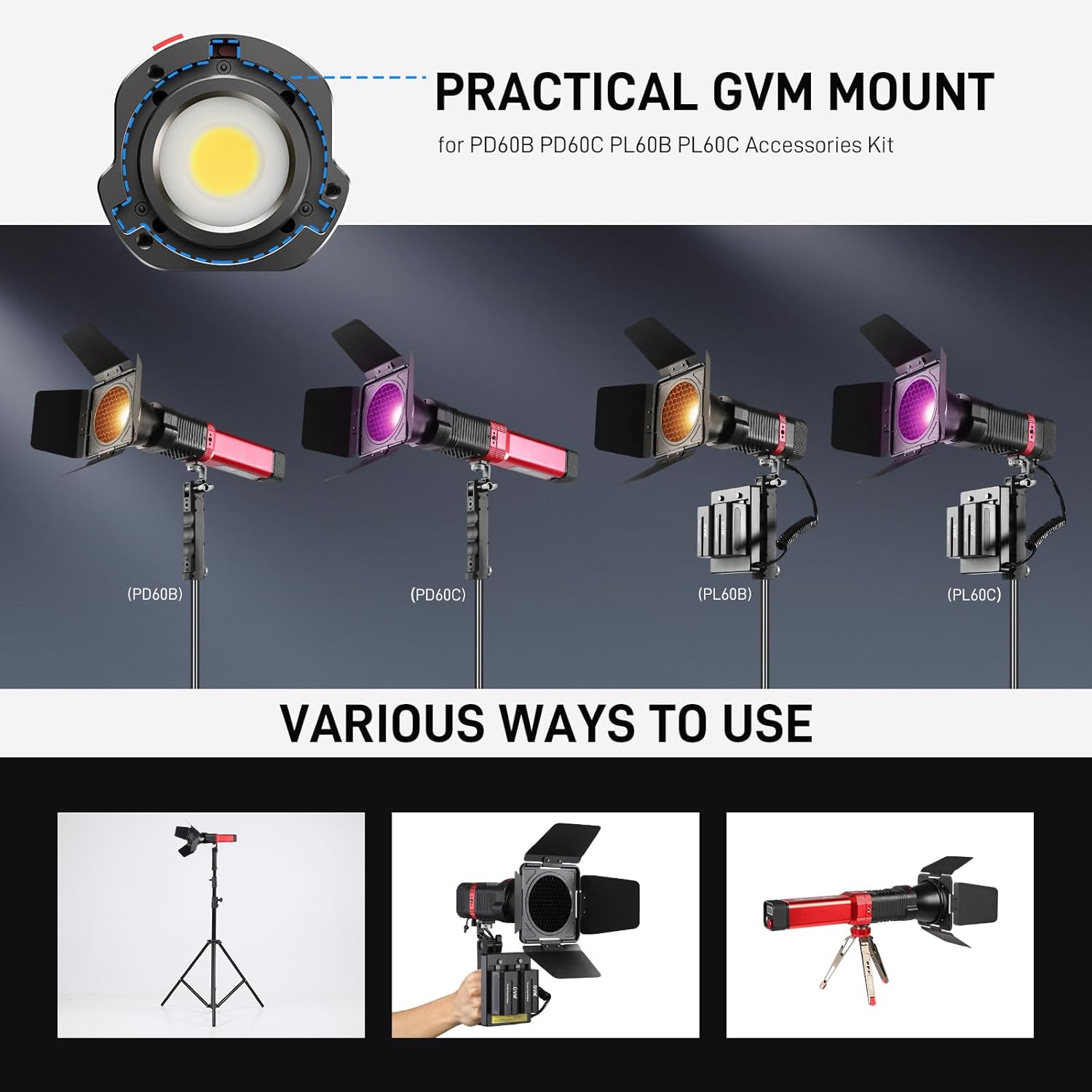 GVM Barn Door + Honeycomb Grid for PD60B PD60C PL60B PL60C Video Lights, Durable Metal Build, Adjustable Light Direction, Shape, Intensity, and Color for Photographers in Shape of Handheld Flashlight