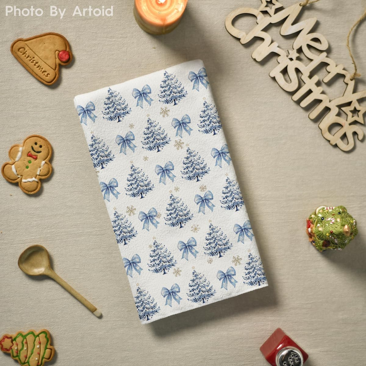 Artoid Mode Blue Porcelain Ornaments Xmas Tree Christmas Kitchen Towels Dish Towels, 18x26 Inch Farmhouse Holiday Winter Decoration Cleaning Set of 4 - Image 4