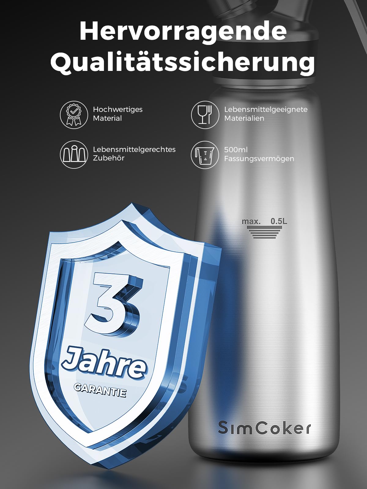 Sahnespender,Edelstahl Sahnesiphon 500ml,inklusive Ersatzteile 3 Spritztüllen und 1 Reinigungbürste, Schlagsahnebereiter,Deutsche Anweisungen