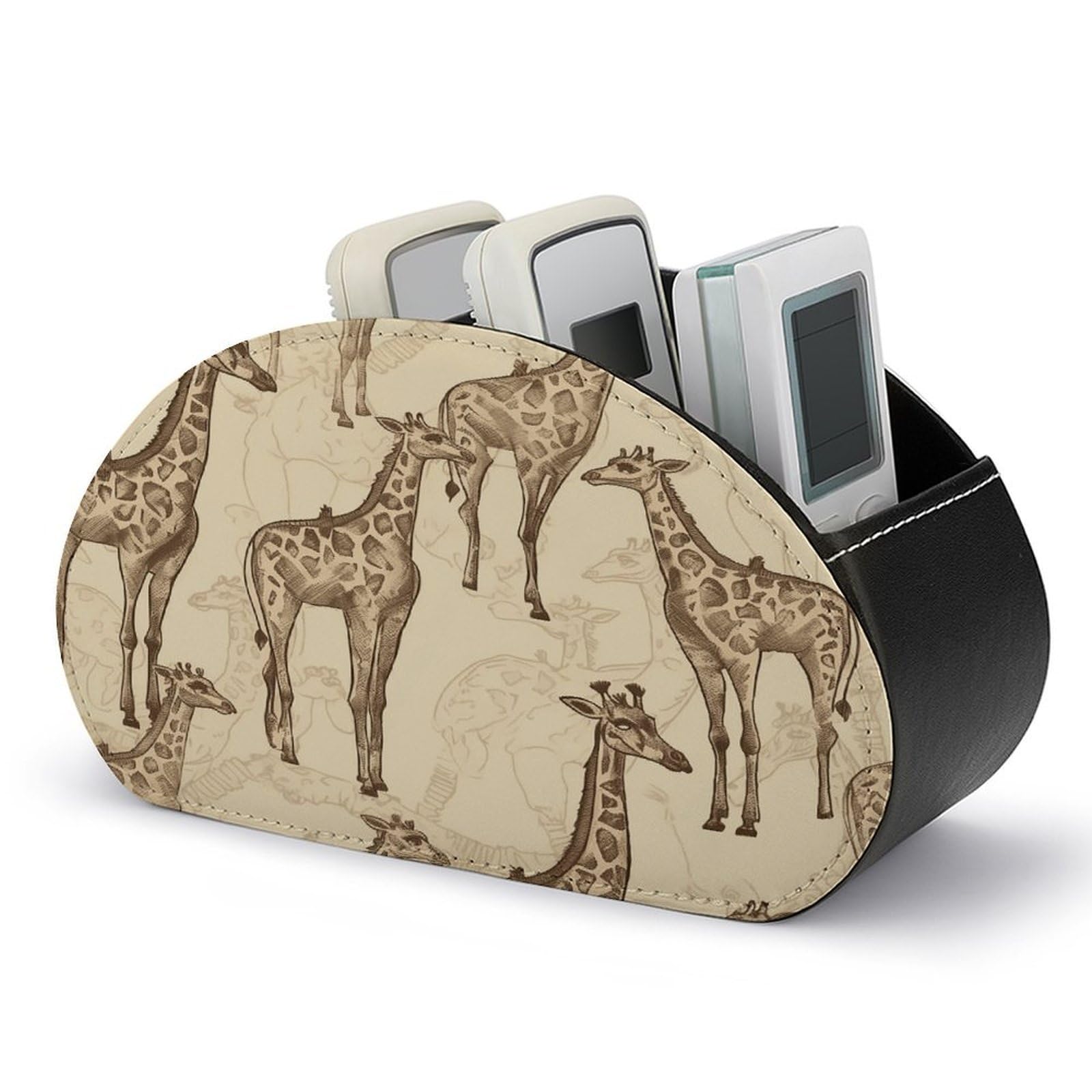 VstaDank Hand Drawn Giraffes Remote Control Holder with 5 Compartments PU Leather TV Remoter Caddy Desktop Organizer TV Remote Holder Remote Box for Media Controllers Office Supplies