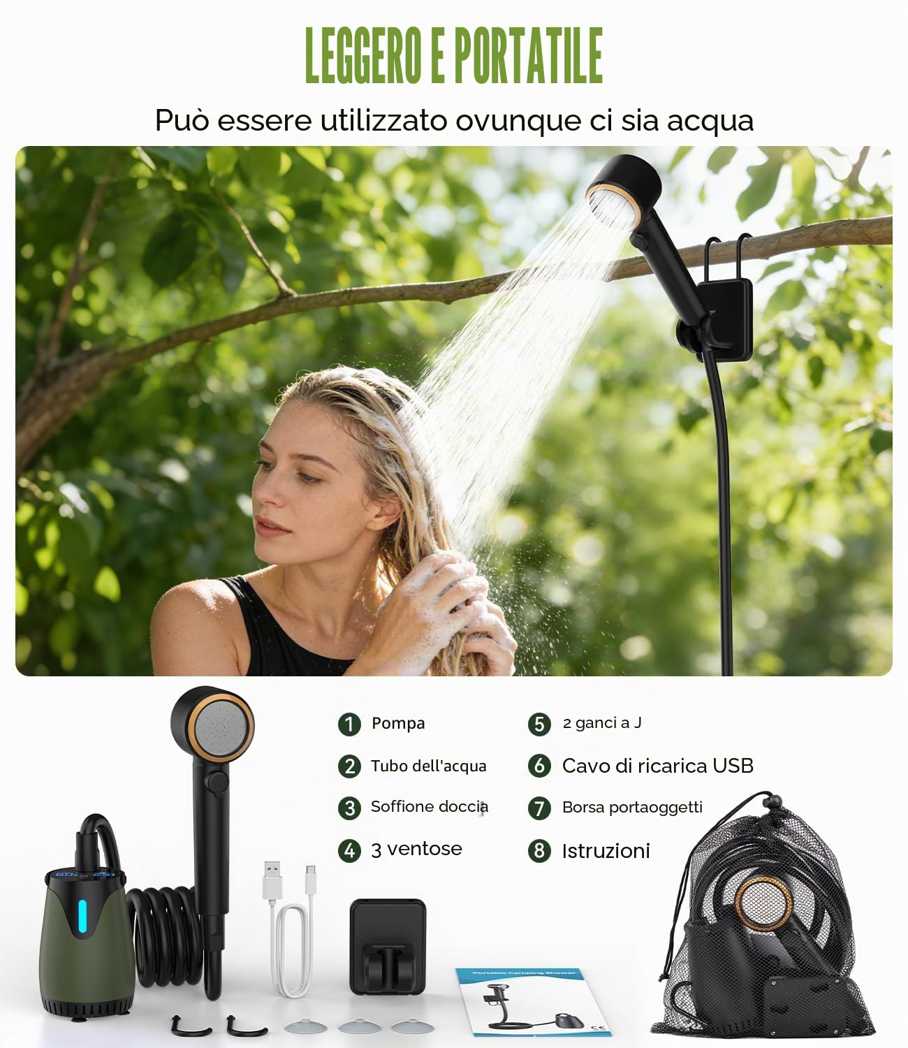 Doccia da Campeggio Portatile, 8000mAh Doccia Portatile Pompa Doccia Subacquea Ricaricabile USB Display LCD, IPX8, per Camper, Viaggio, Spiaggia, Animali Domestici