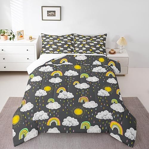 Miniatura 9 de Juego de edredón de arcoíris, tamaño individual, diseño de arco iris de dibujos animados femeninos para niños, edredón de nubes coloridas con