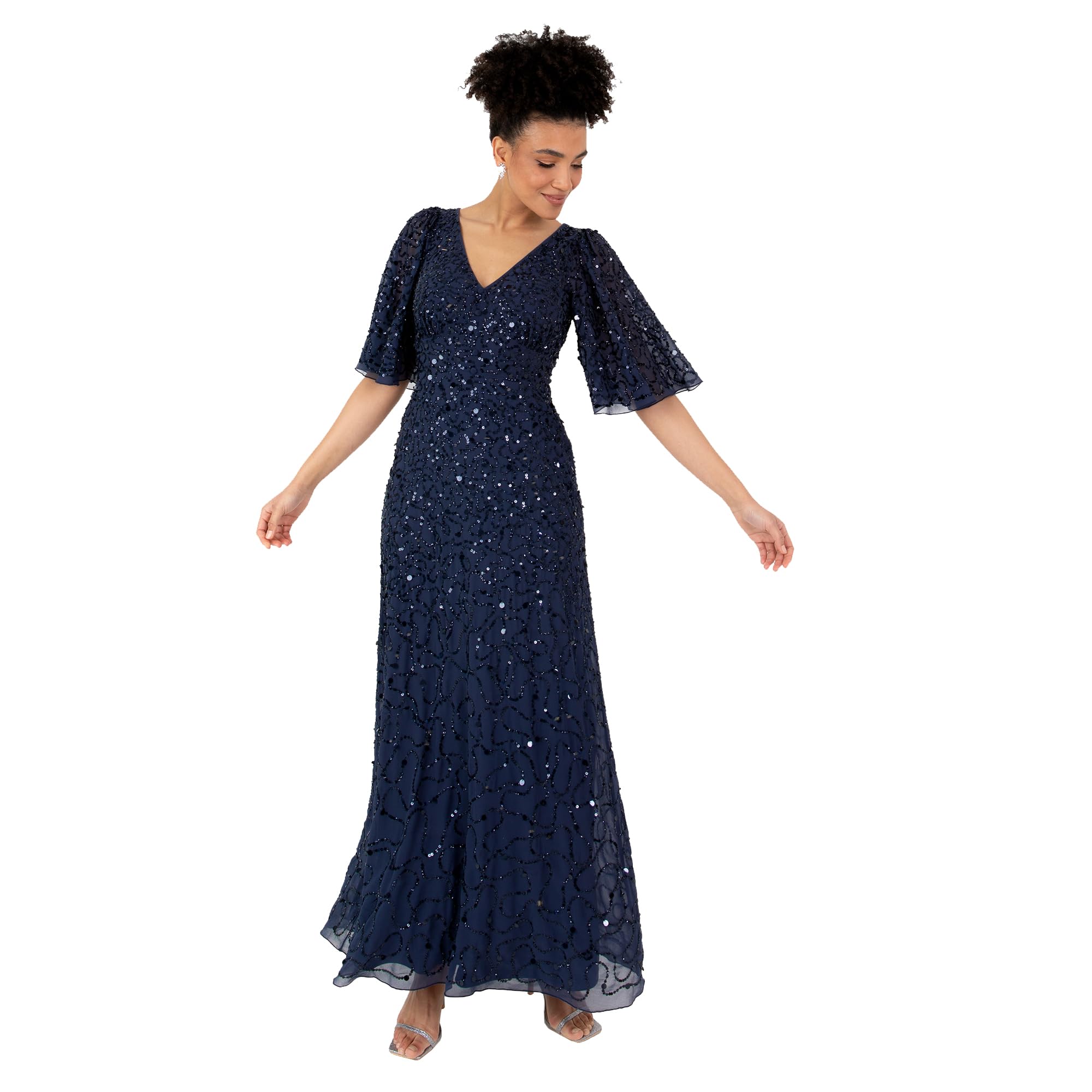 Women's Ladies Maxi Dress V-Neck Short Angel Sleeve Sequin Embellished A-line Bridesmaid Wedding Guest Prom Ball Gown