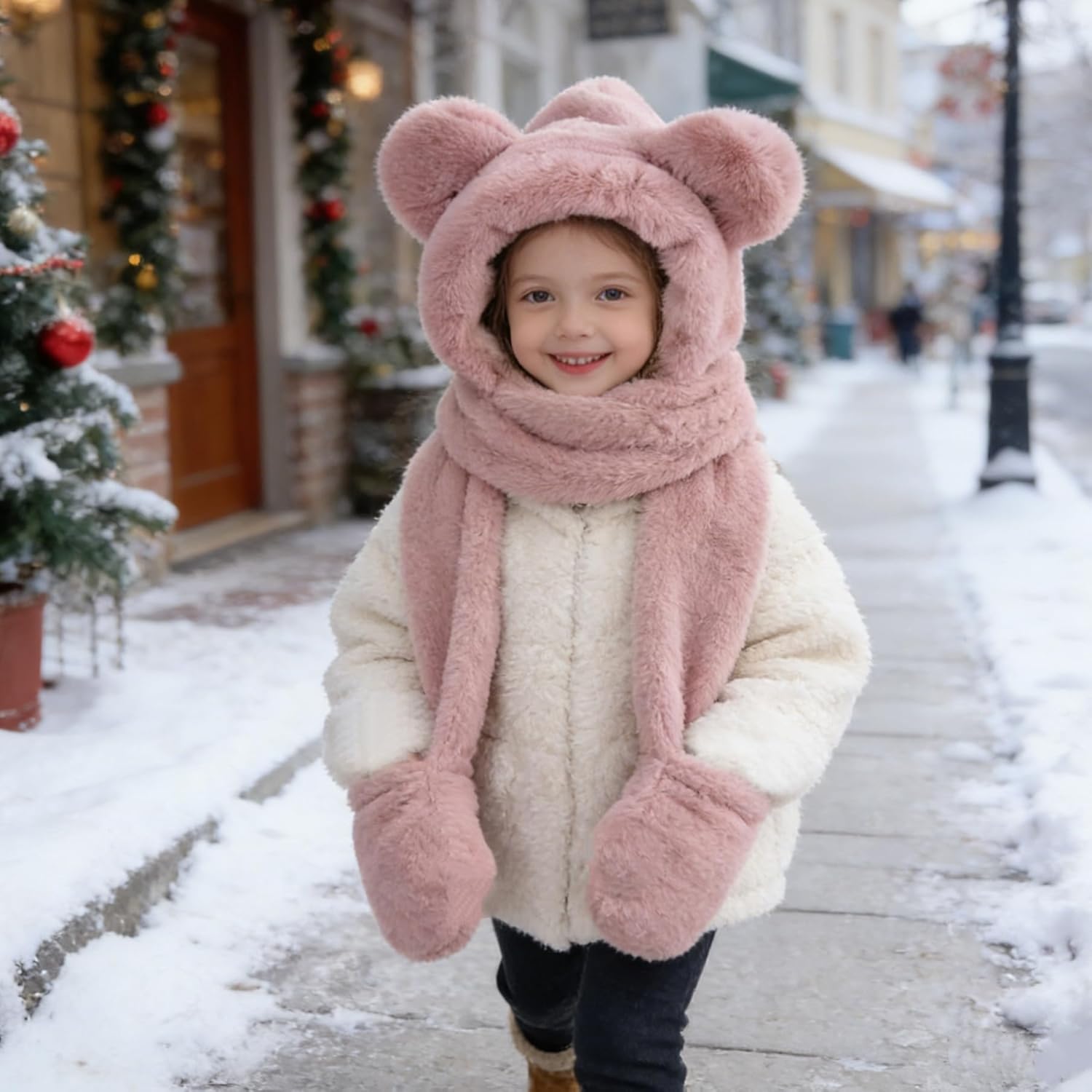 Kids Winter Plush Beanie Hat Scarf Gloves 3 in 1 Set Warm Cute Faux Fur Long Hoodie Earflap Scarf Mitten Gift for Girl Boy - Image 2