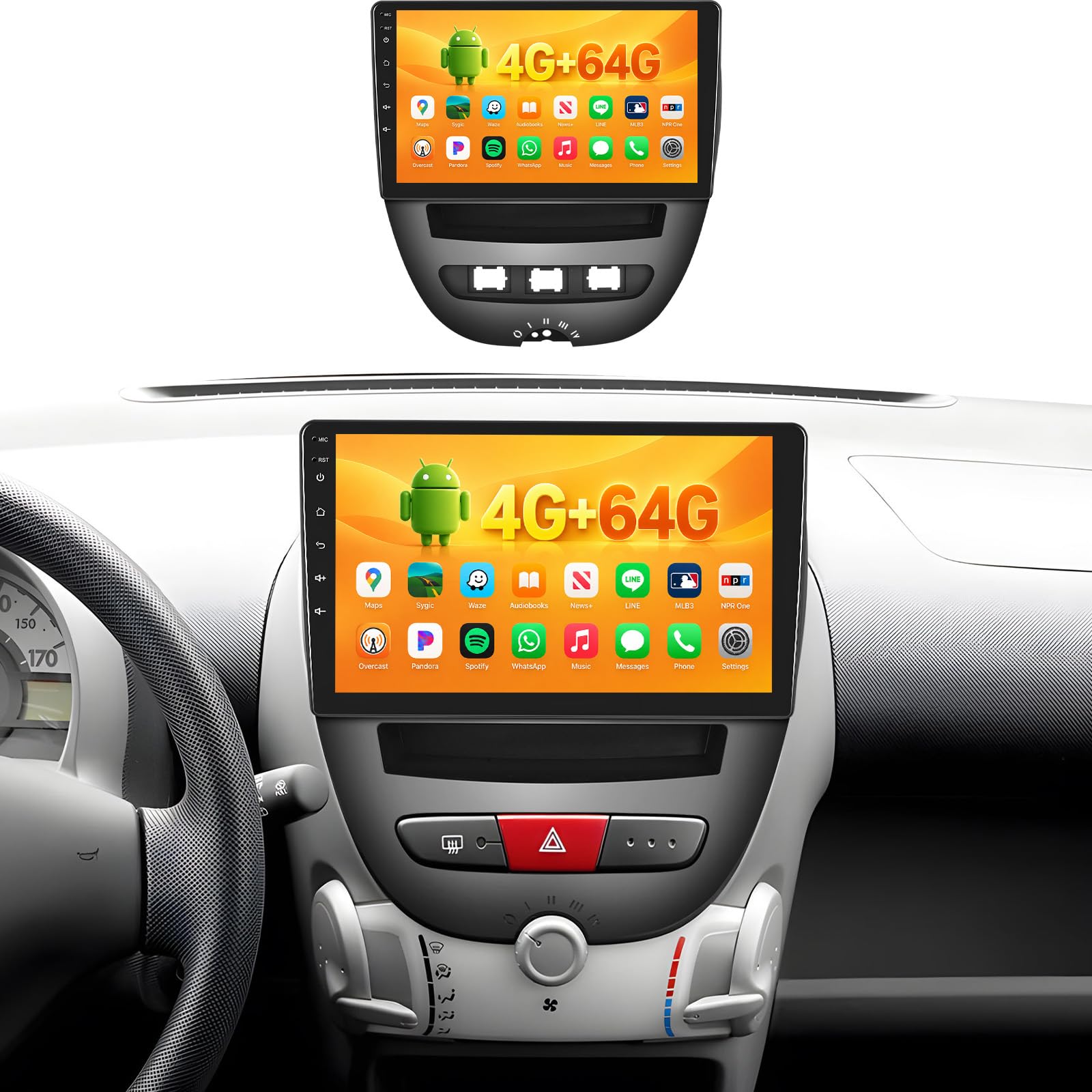 OiLiehu 4+64GB Android 13 2 DIN CarPlay Android Auto para Peugeot 107/Citroën C1/Toyota Aygo (2004-2014) Pantalla de 10,1 Pulgadas Mirror Link Bluetooth FM/RDS GPS WiFi SWC EQ Camara Marcha Atras