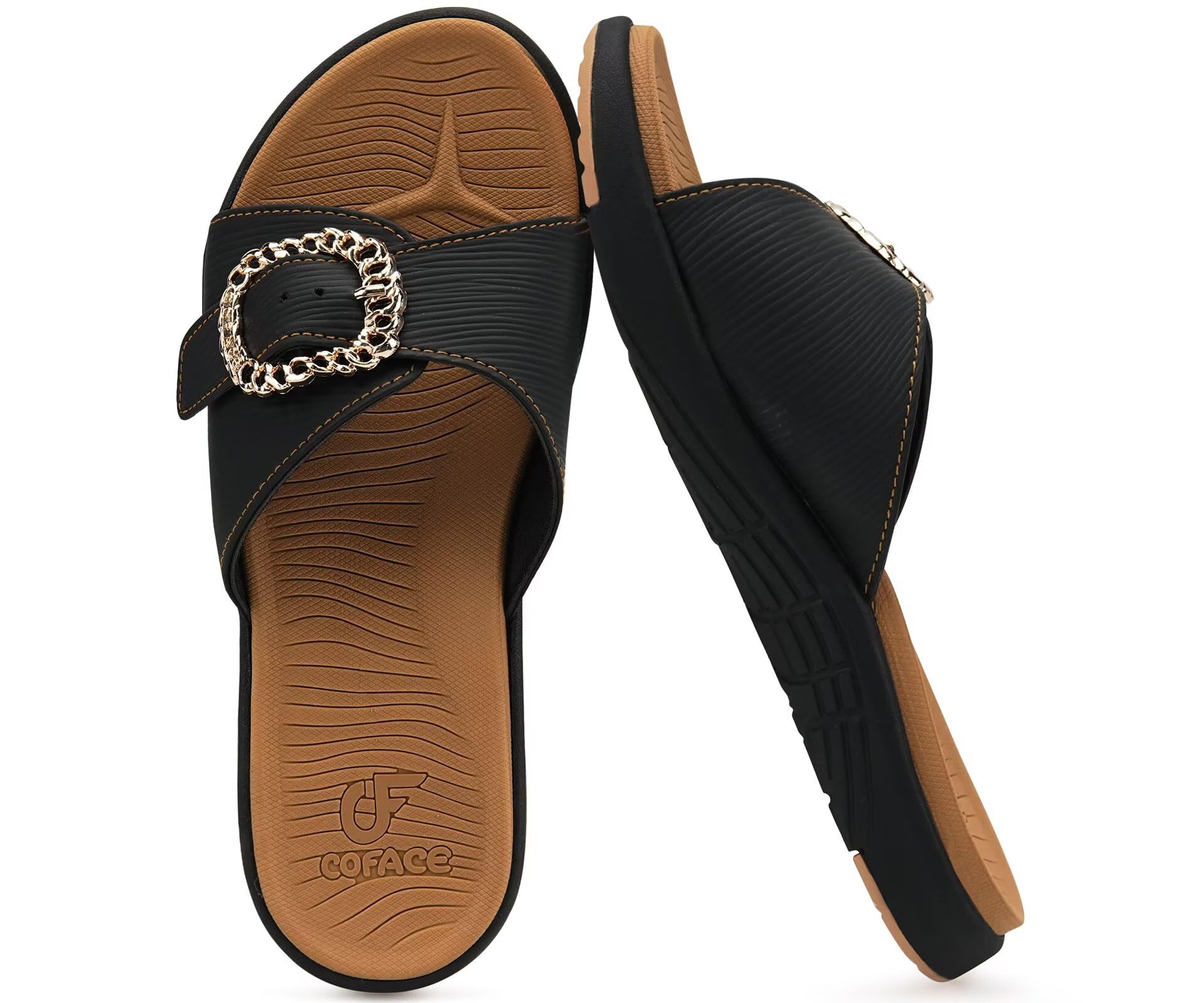COFACE Orthopädische Badelatschen Damen Weich Yoga Fußbett Leicht Sandalen Frauen Bequeme Plantarfasziitis Verstellbare Badeschlappen Sommer Strand Rutschfest Feste Gummi Sohle
