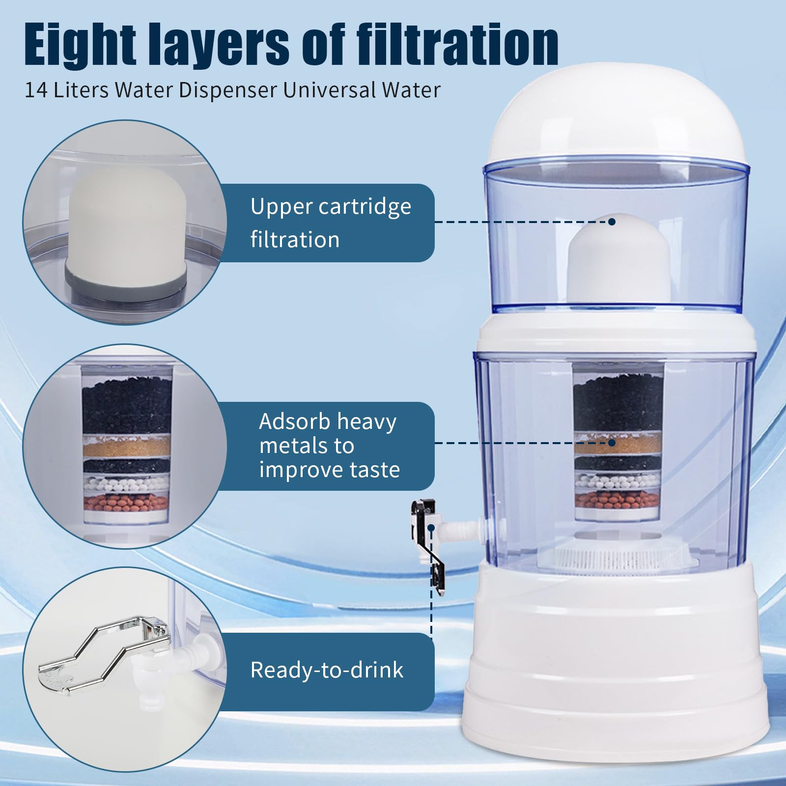 Distributore di depuratore d'acqua, caraffa filtrante per acqua da 14 litri, bollitore per filtri dell'acqua da banco con rubinetto, dispenser di filtro purificante in plastica al carbonio