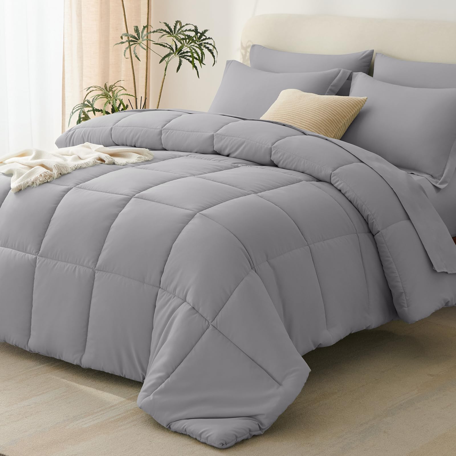 CozyLux Full Size Comforter Set Grey - 240GSM 7 Pieces Bed in a Bag Full, Oeko-Tex Certified Bed Set, All Season Soft Bedding Set with Down Alternative Comforter, Sheets, Pillowcases & Shams