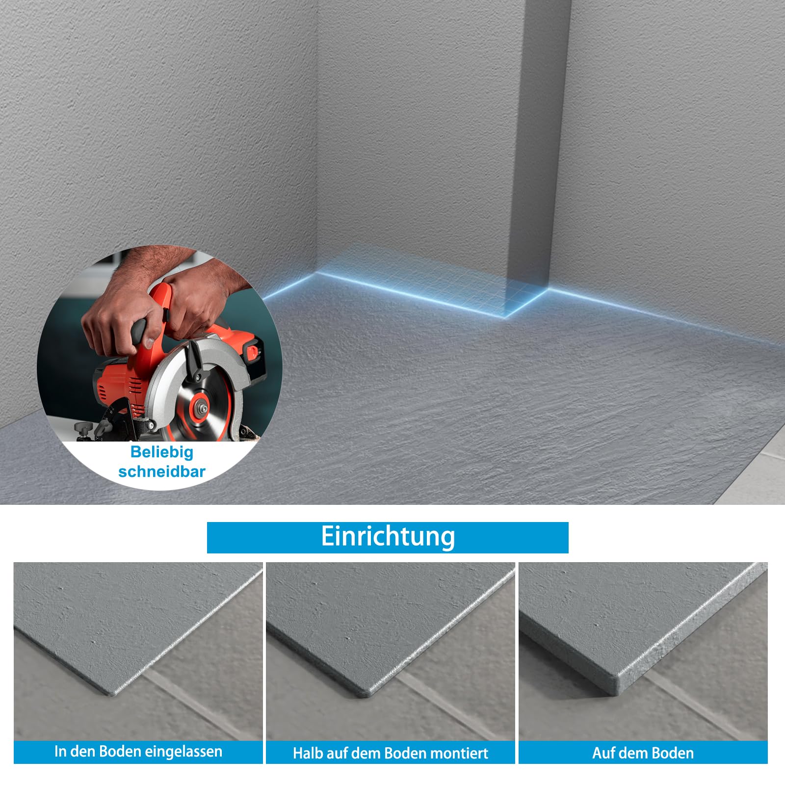Heilmetz SMC Duschwanne 90 x 90 cm Grau, flach 2,6 cm inkl. Ablaufgarnitur | Pflegeleichte SMC Duschwanne mit rutschhemmender Steinoptik, 2,6 cm Höhe und 90 mm Ablauföffnung für flexible Montage